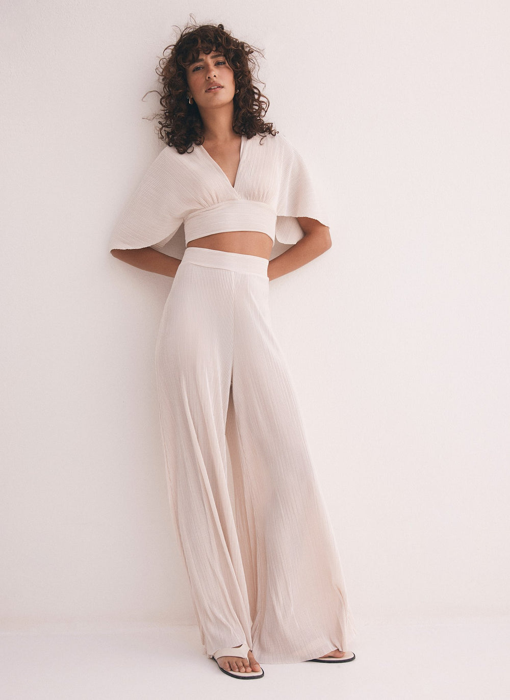 Cream Plisse Top and Trouser Set