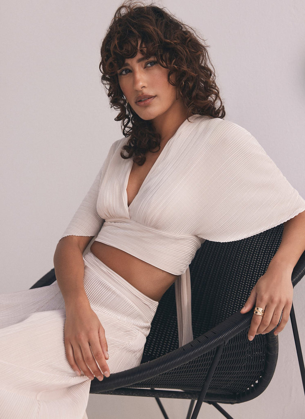 Cream Plisse Top and Trouser Set