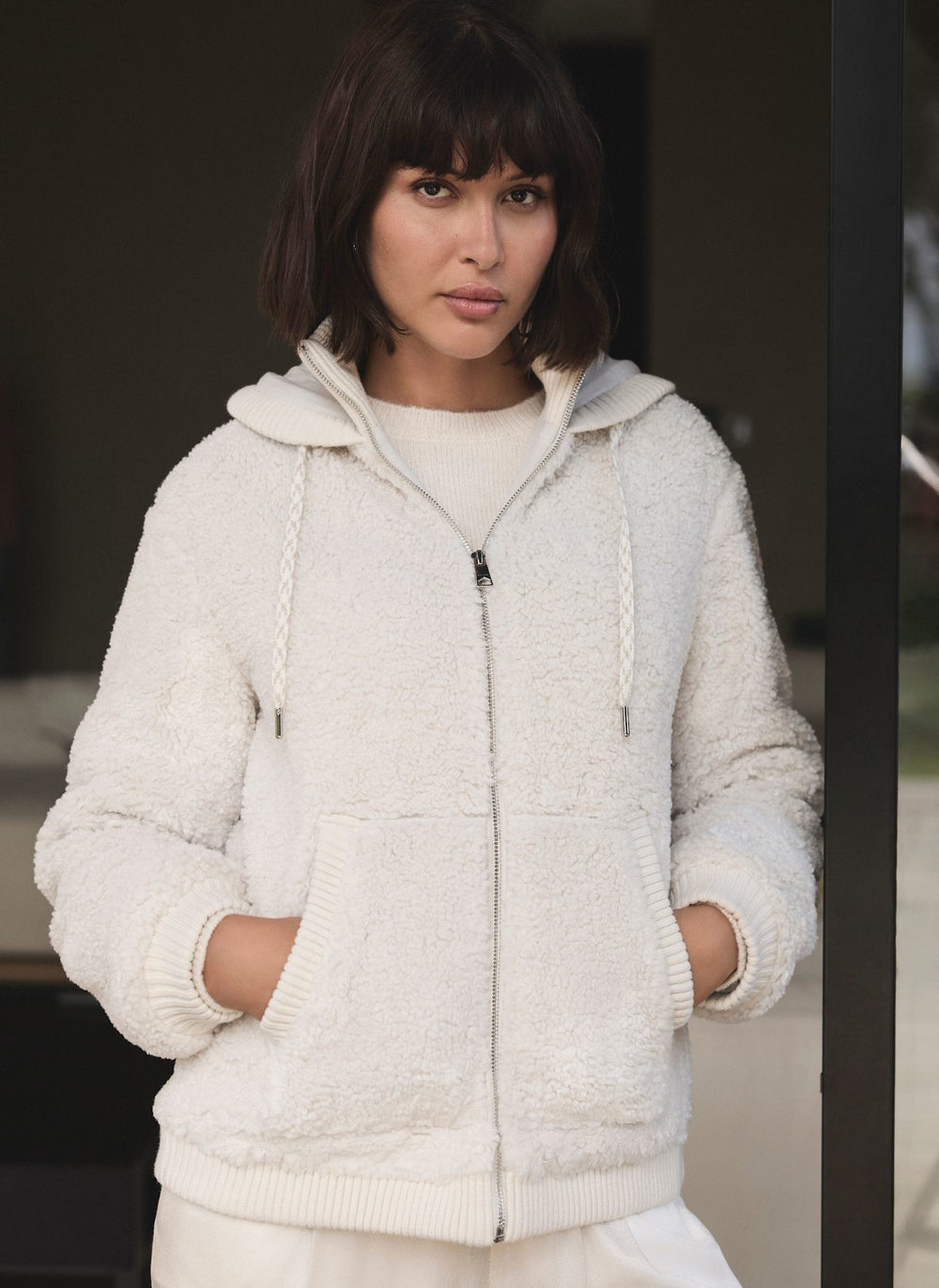 Cream Borg Zip Hood Jacket