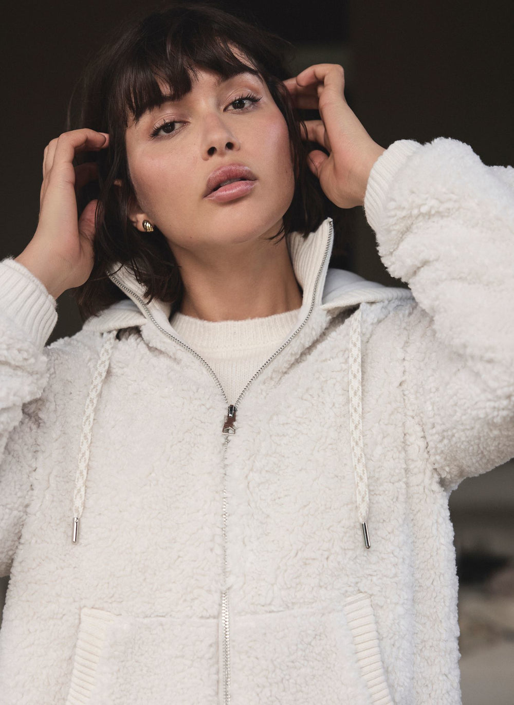 Cream Cropped Borg Popper Button Coat - Ezmerelda