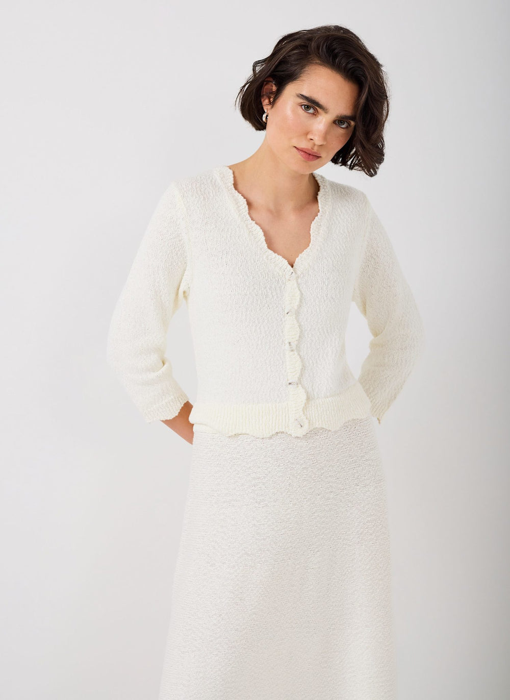 Mint Velvet Cream Boucle Knit Midi Dress | Size S | White | Long Sleeve | Crew Neck