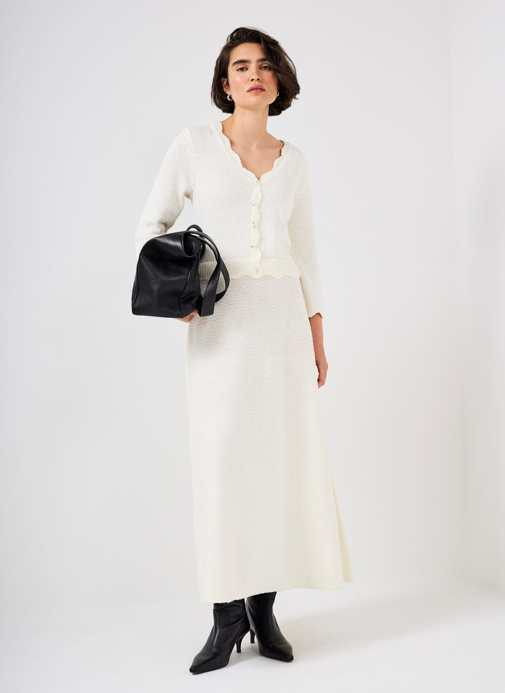 Mint Velvet Cream Boucle Knit Midi Dress | Size S | White | Long Sleeve | Crew Neck
