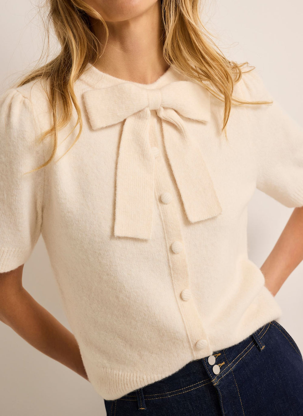 Cream Bow Detail Knit Top