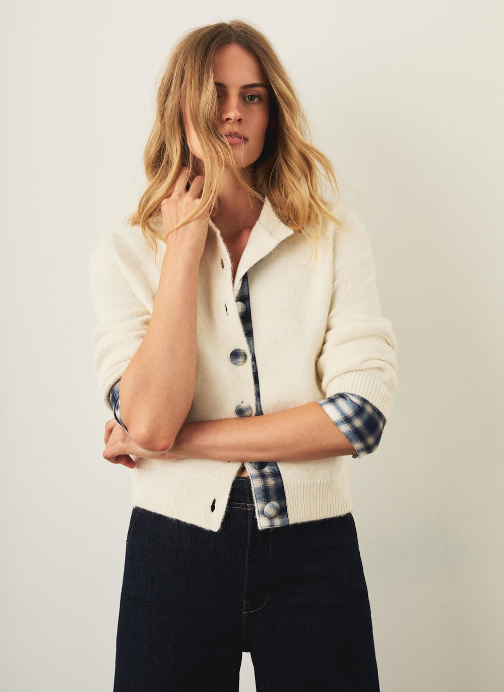 Cream Checked Trim Cardigan