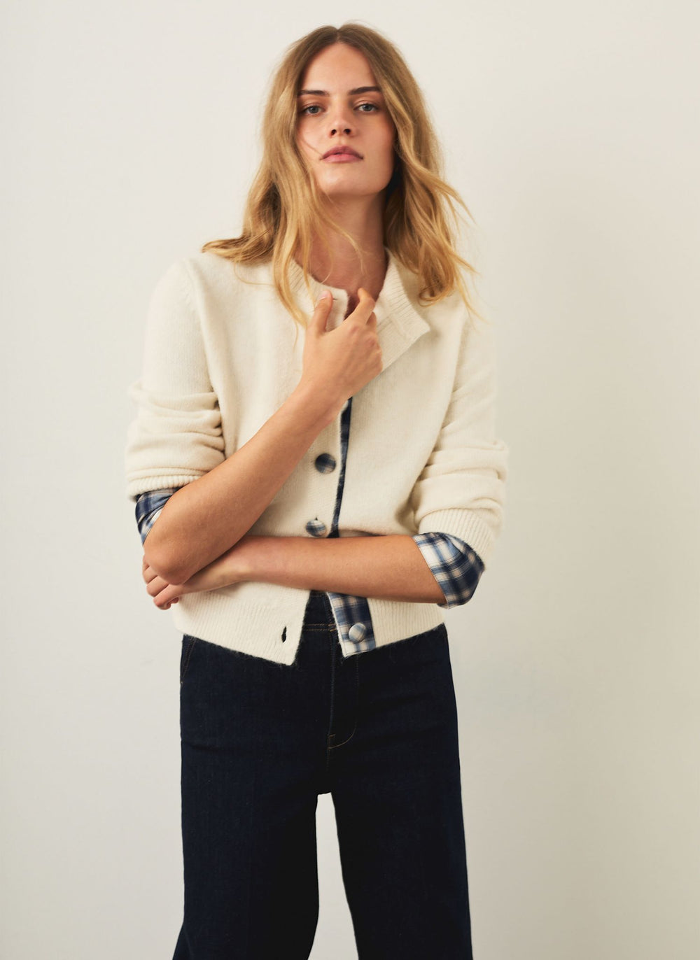 Cream Checked Trim Cardigan
