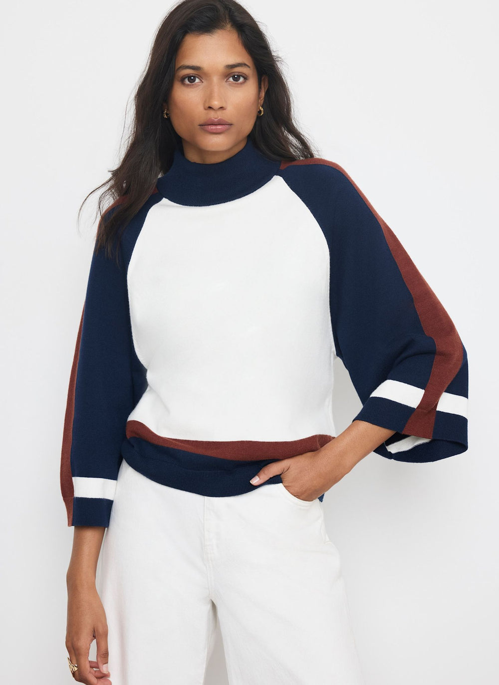 Cream Colour Block Wide Sleeve Knit Top