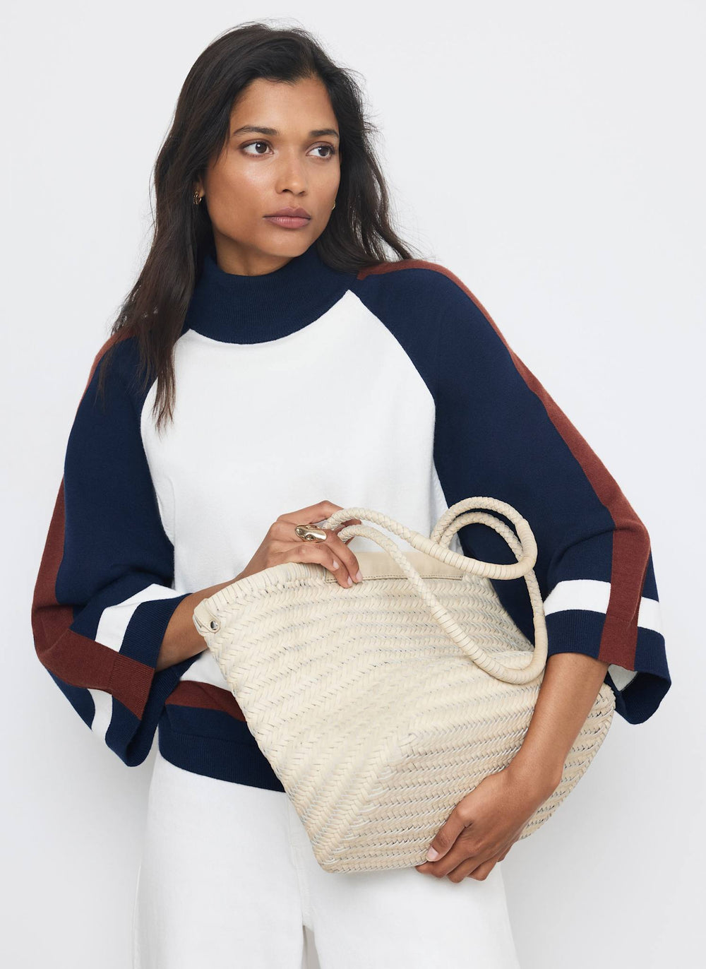 Cream Colour Block Wide Sleeve Knit Top