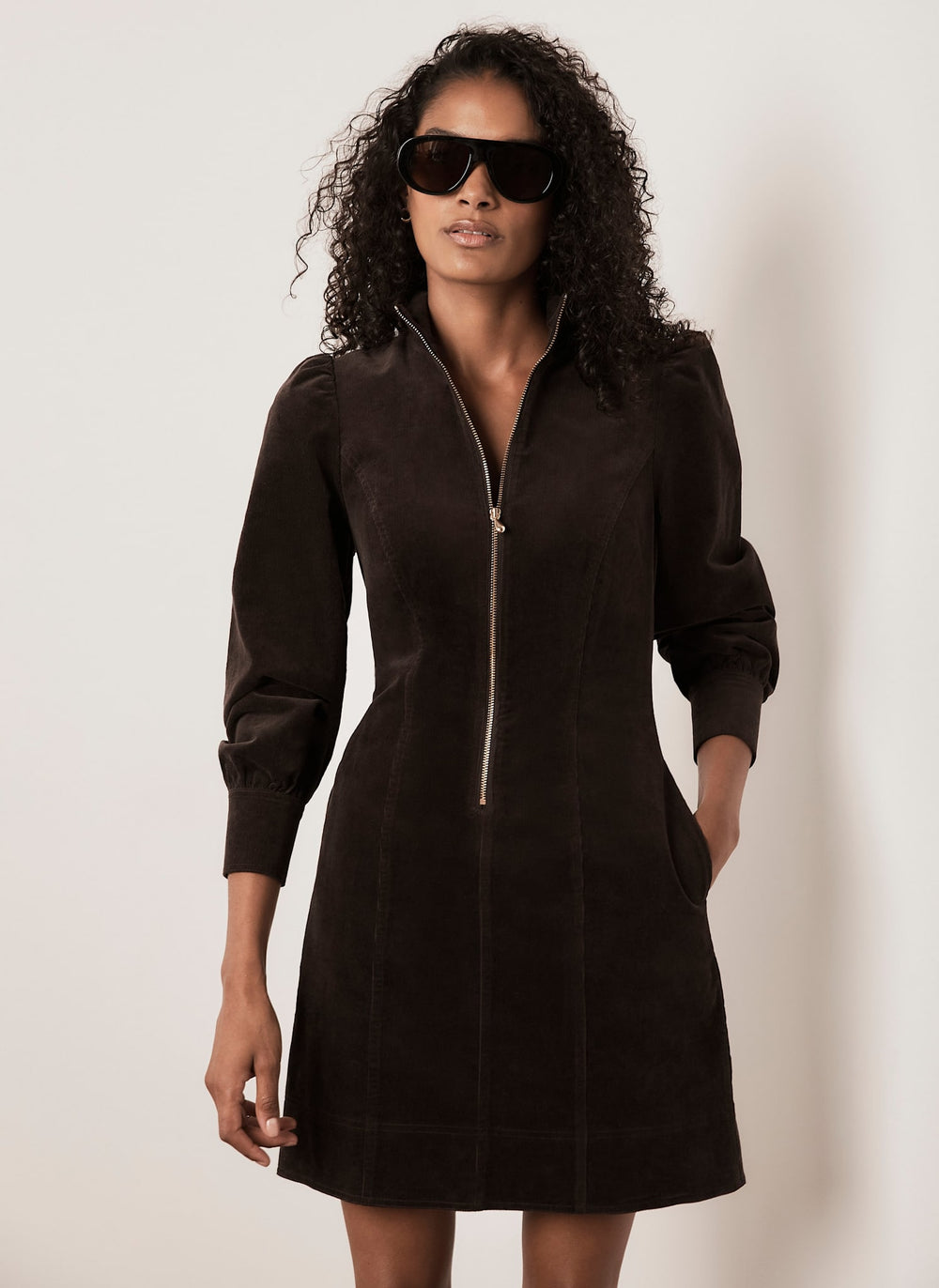 Brown Corduroy Zip Mini Dress