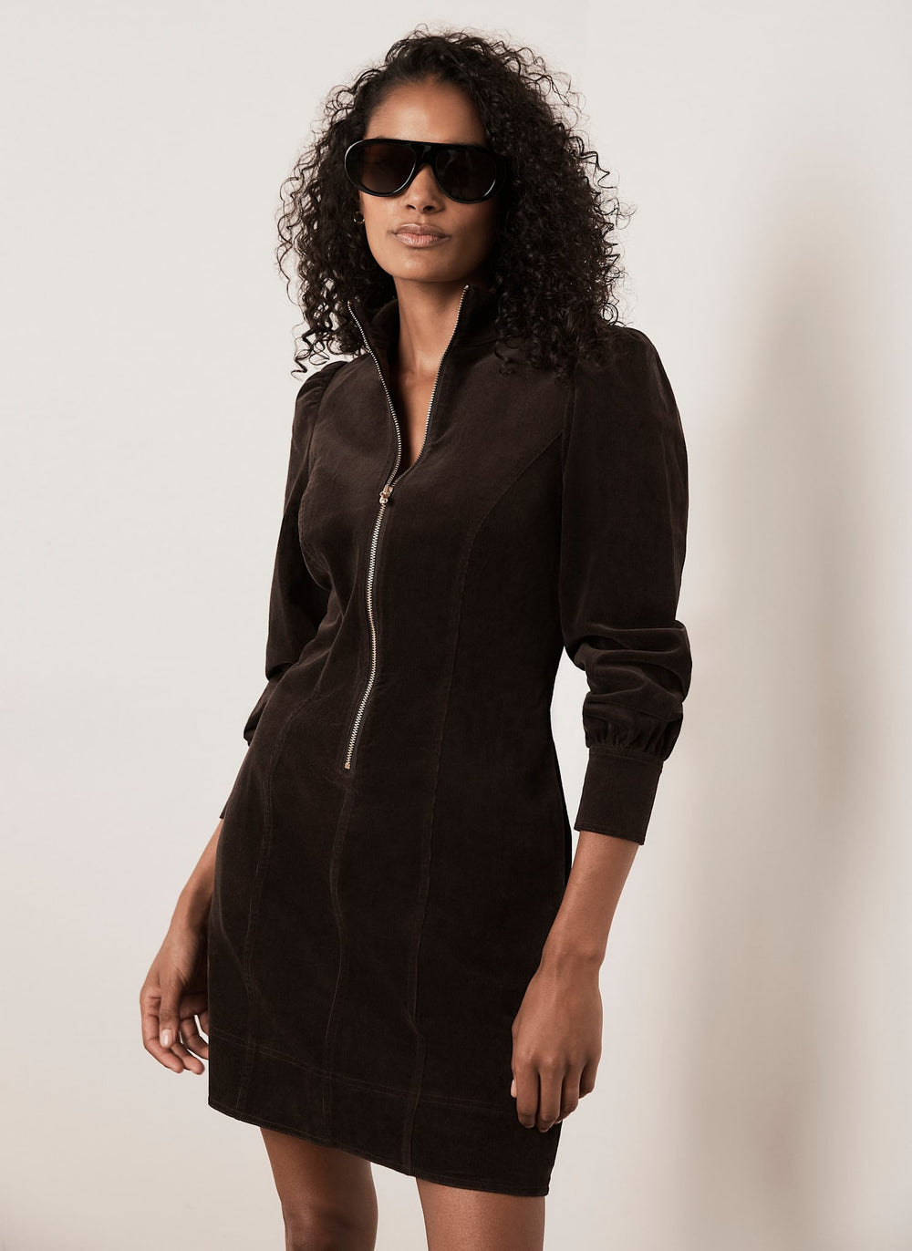 Brown Corduroy Zip Mini Dress