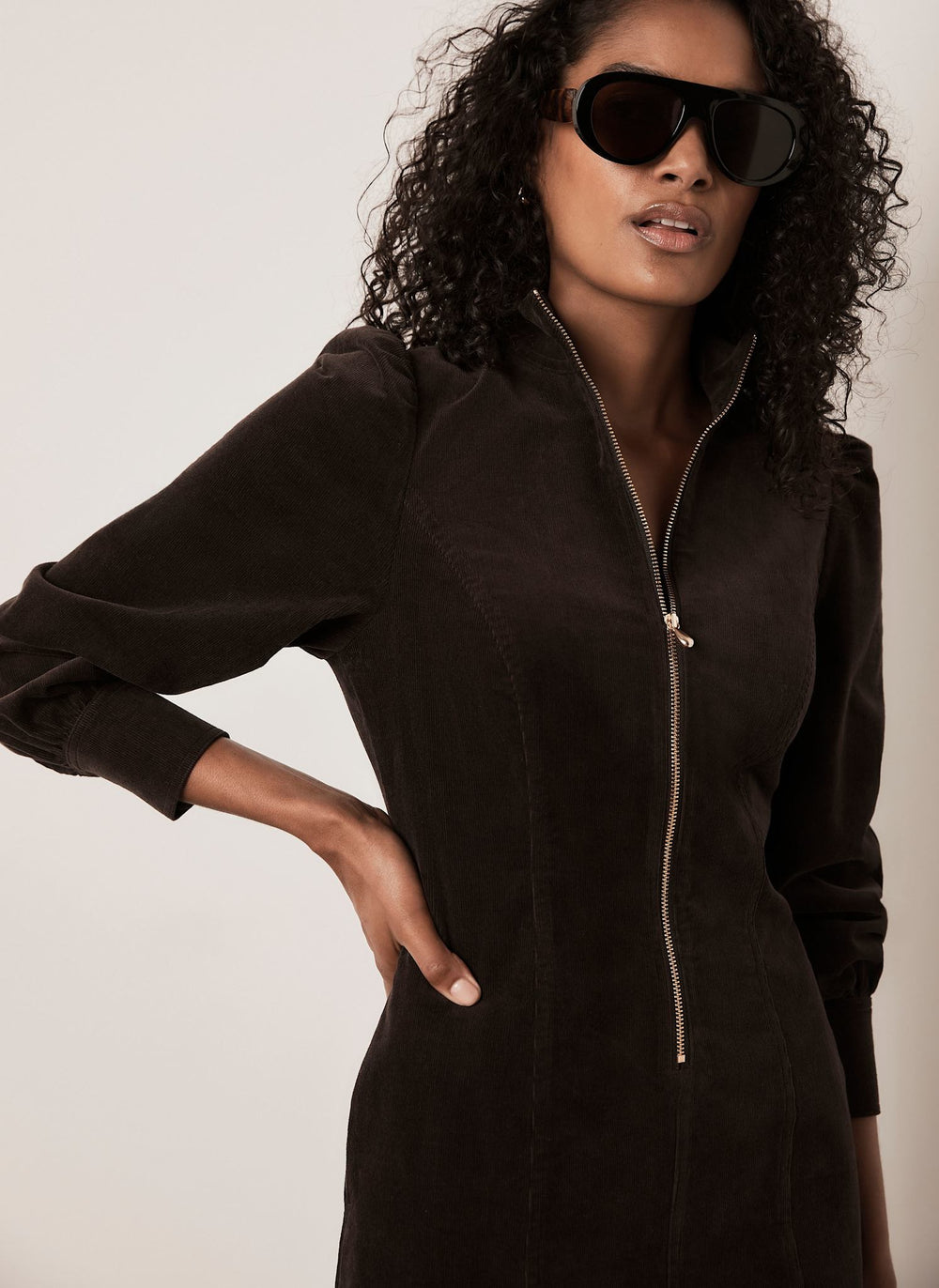 Brown Corduroy Zip Mini Dress
