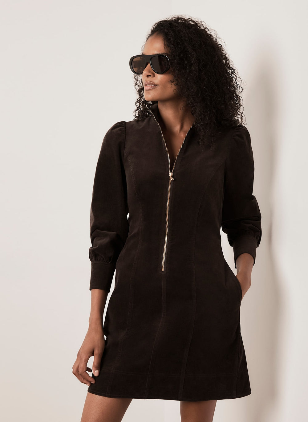 Brown Corduroy Zip Mini Dress