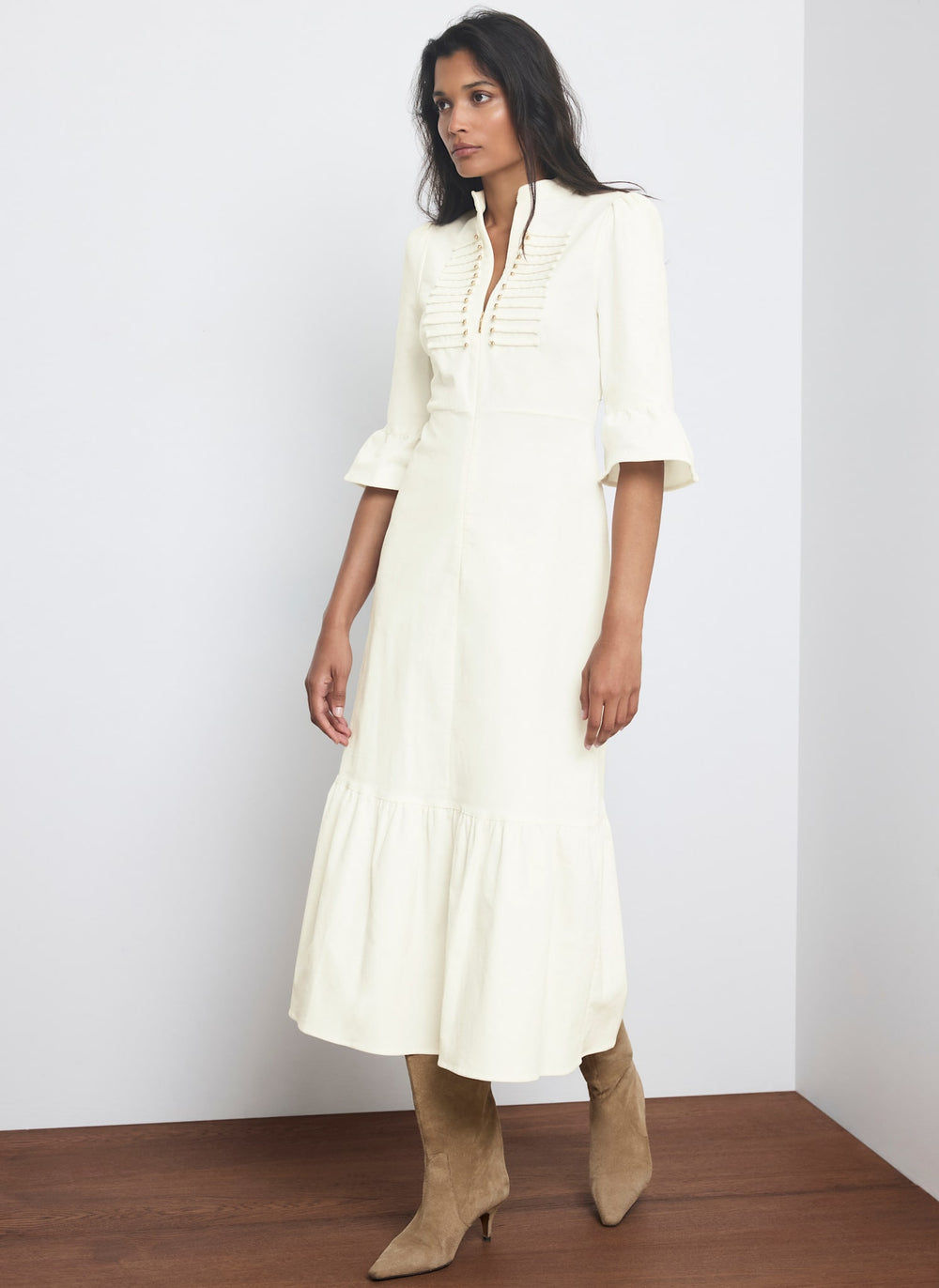 Cream Corduroy Military Detail Midi Dress