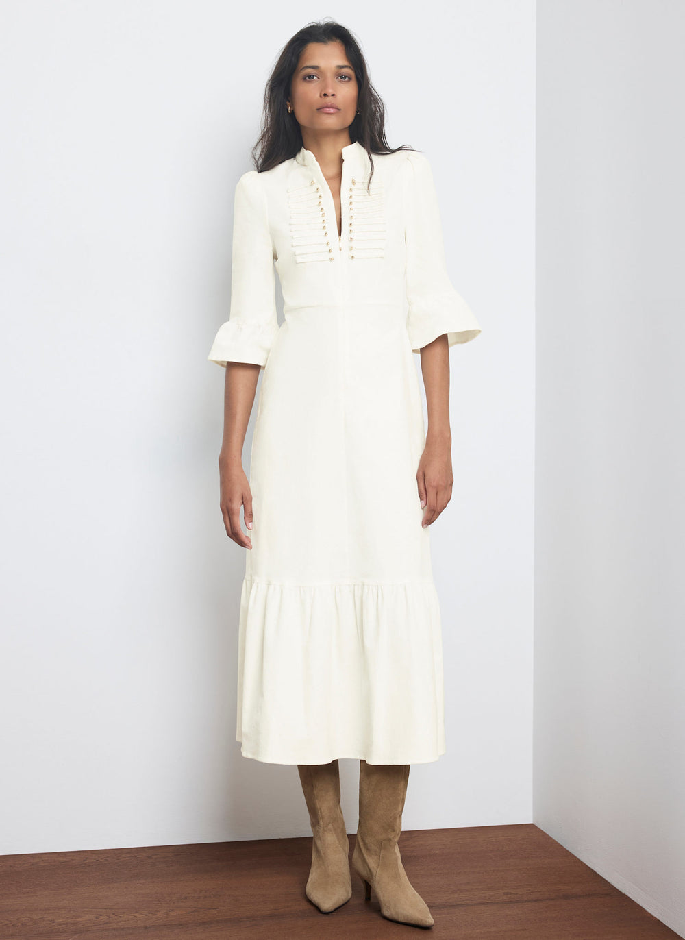 Cream Corduroy Military Detail Midi Dress