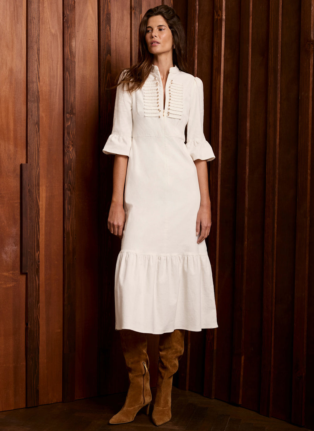 Cream Corduroy Military Detail Midi Dress
