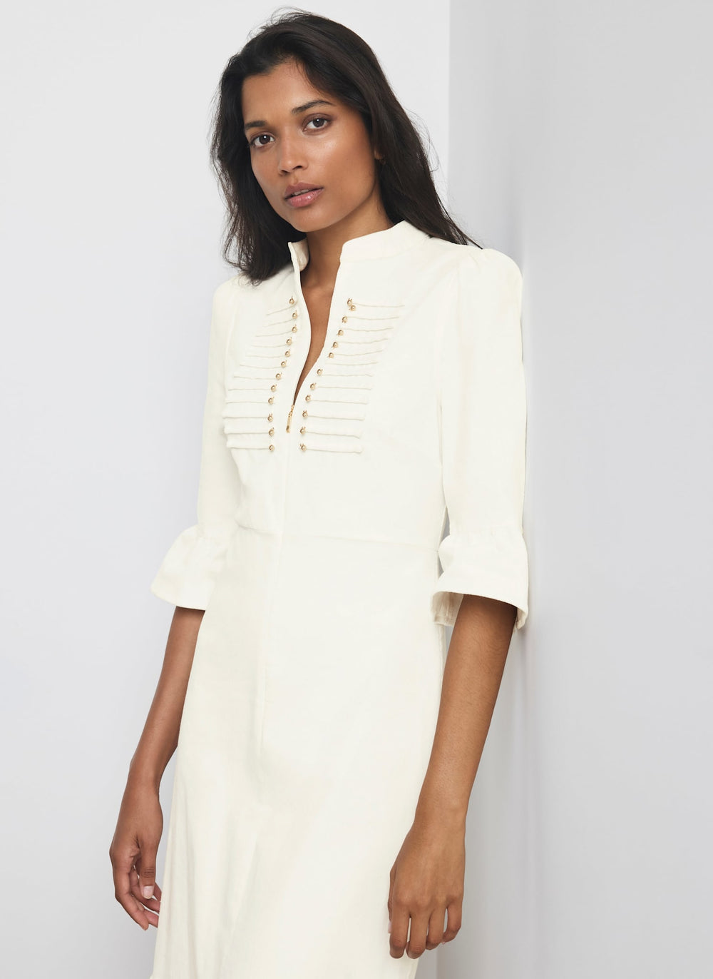 Cream Corduroy Military Detail Midi Dress