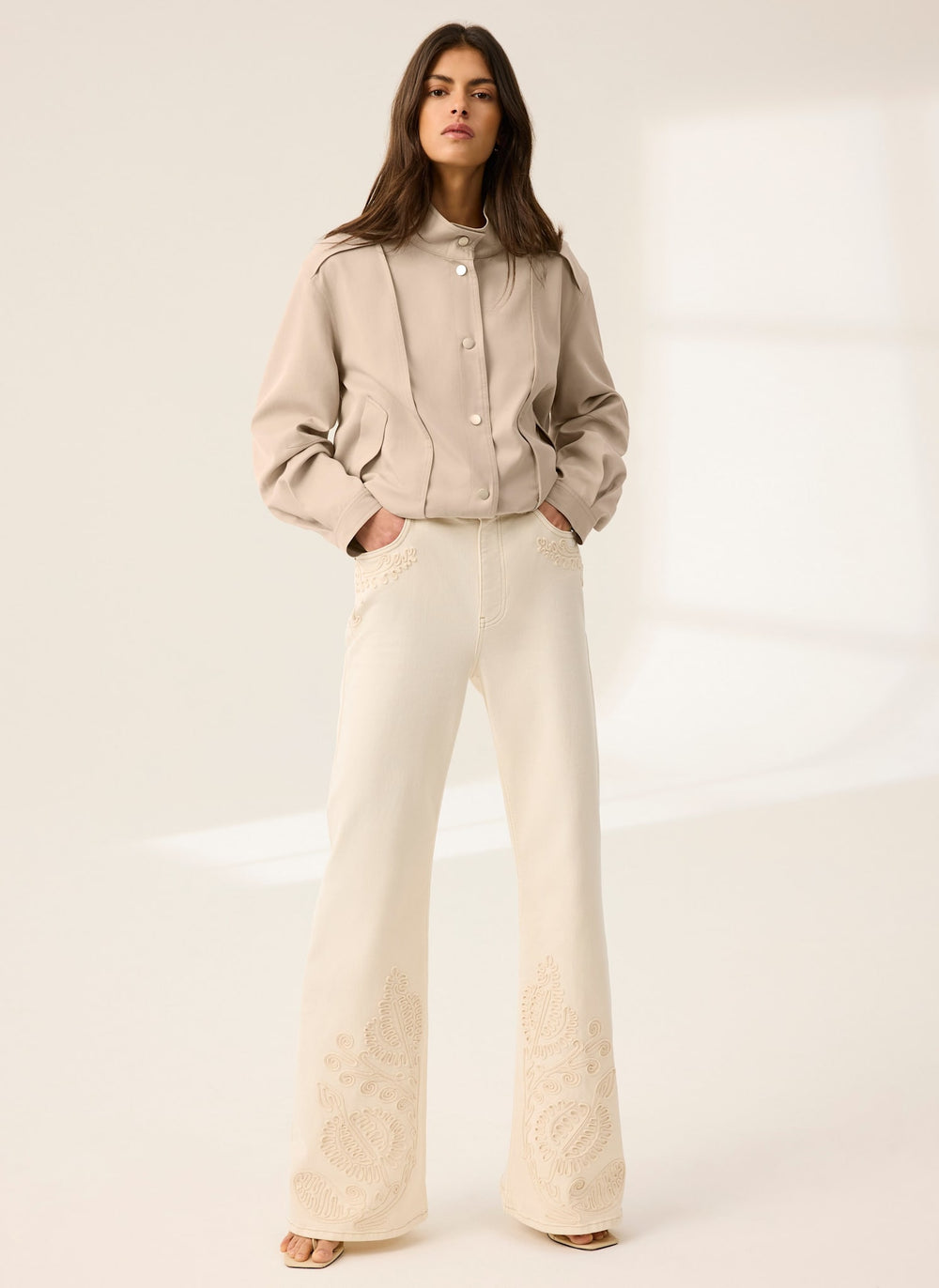 Cream Denim Embroidered Flared Jeans