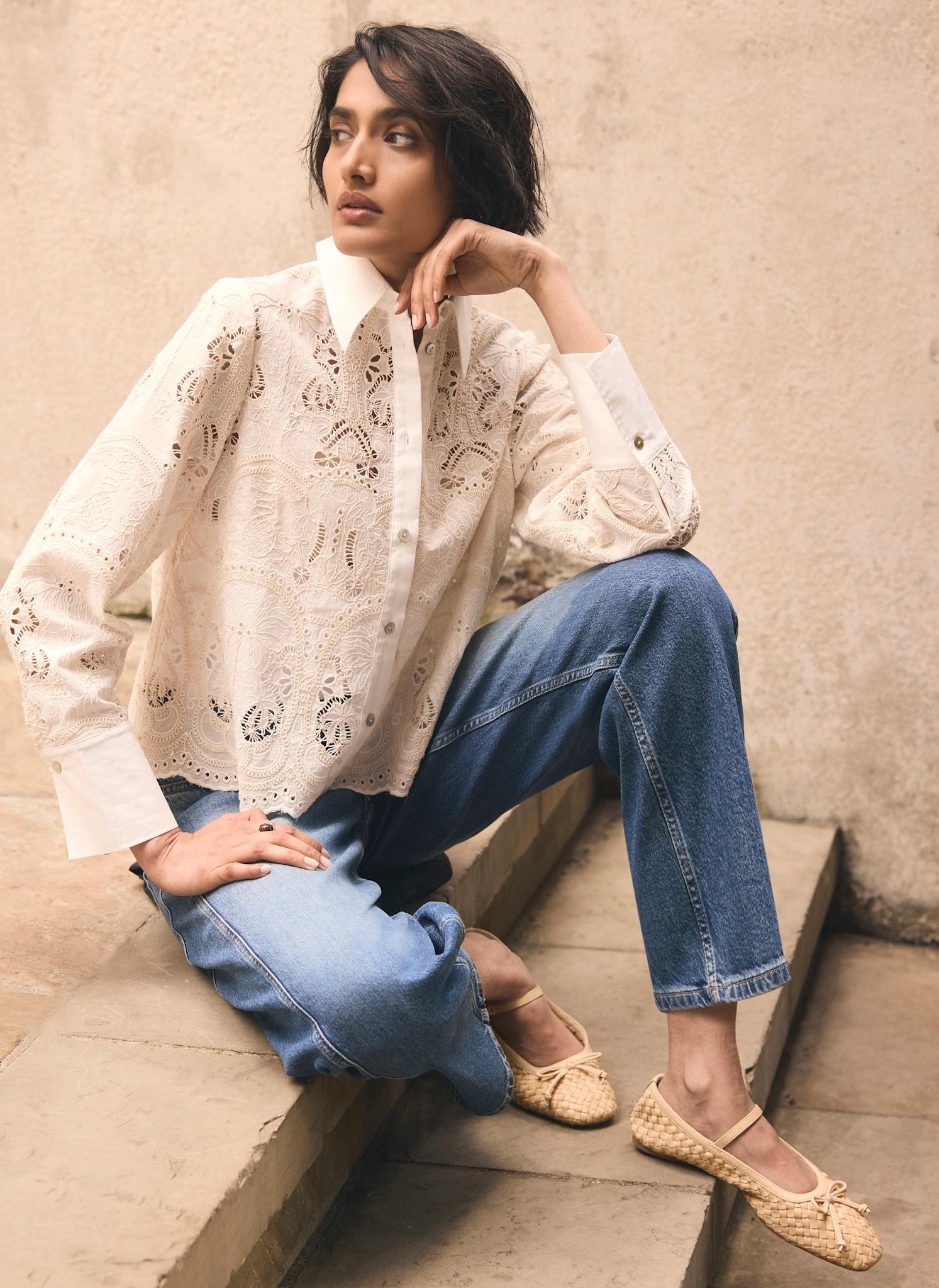 White Broderie Cropped Shirt – Mint Velvet