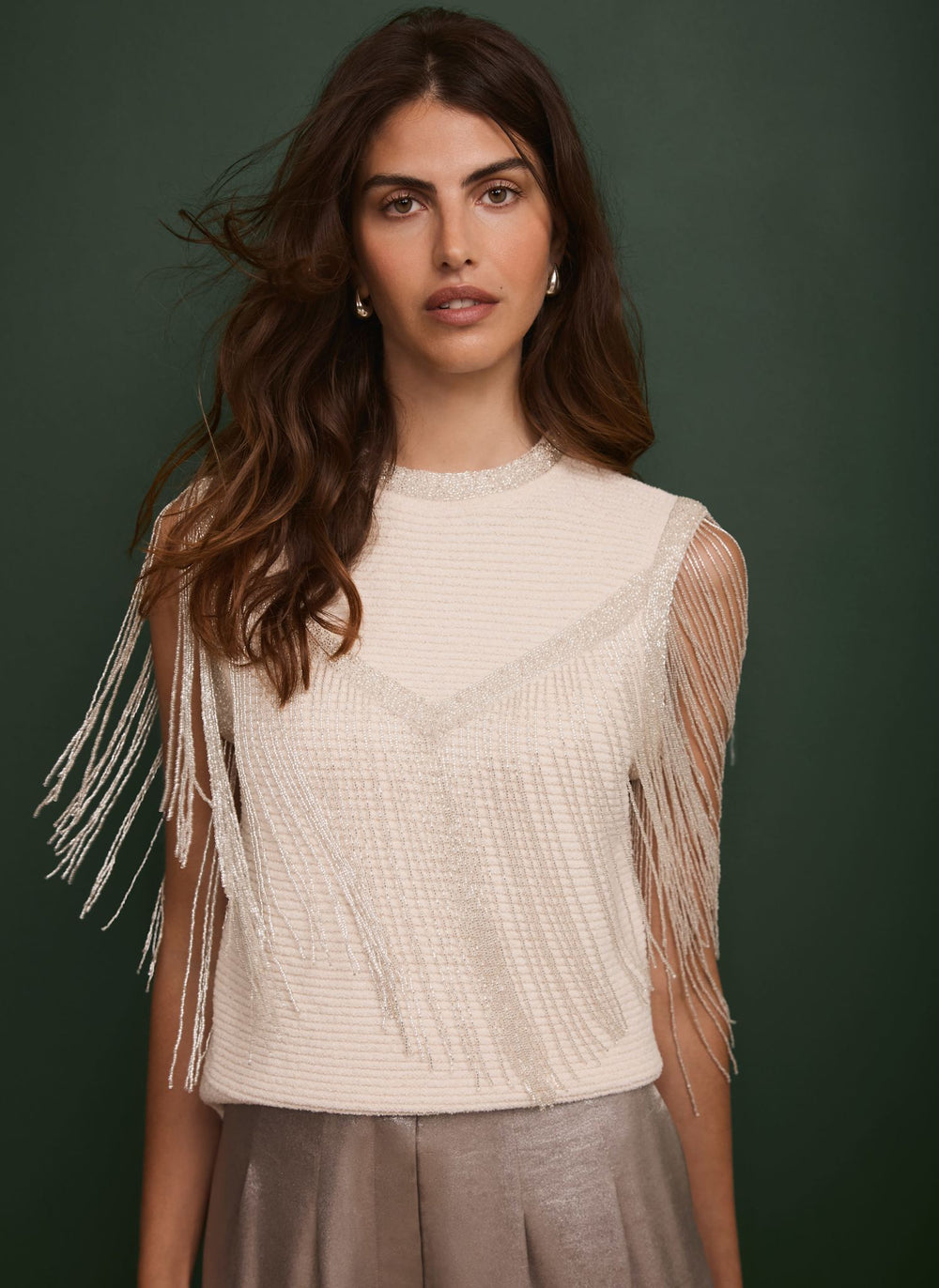 Cream Embellished Fringe Detail Top