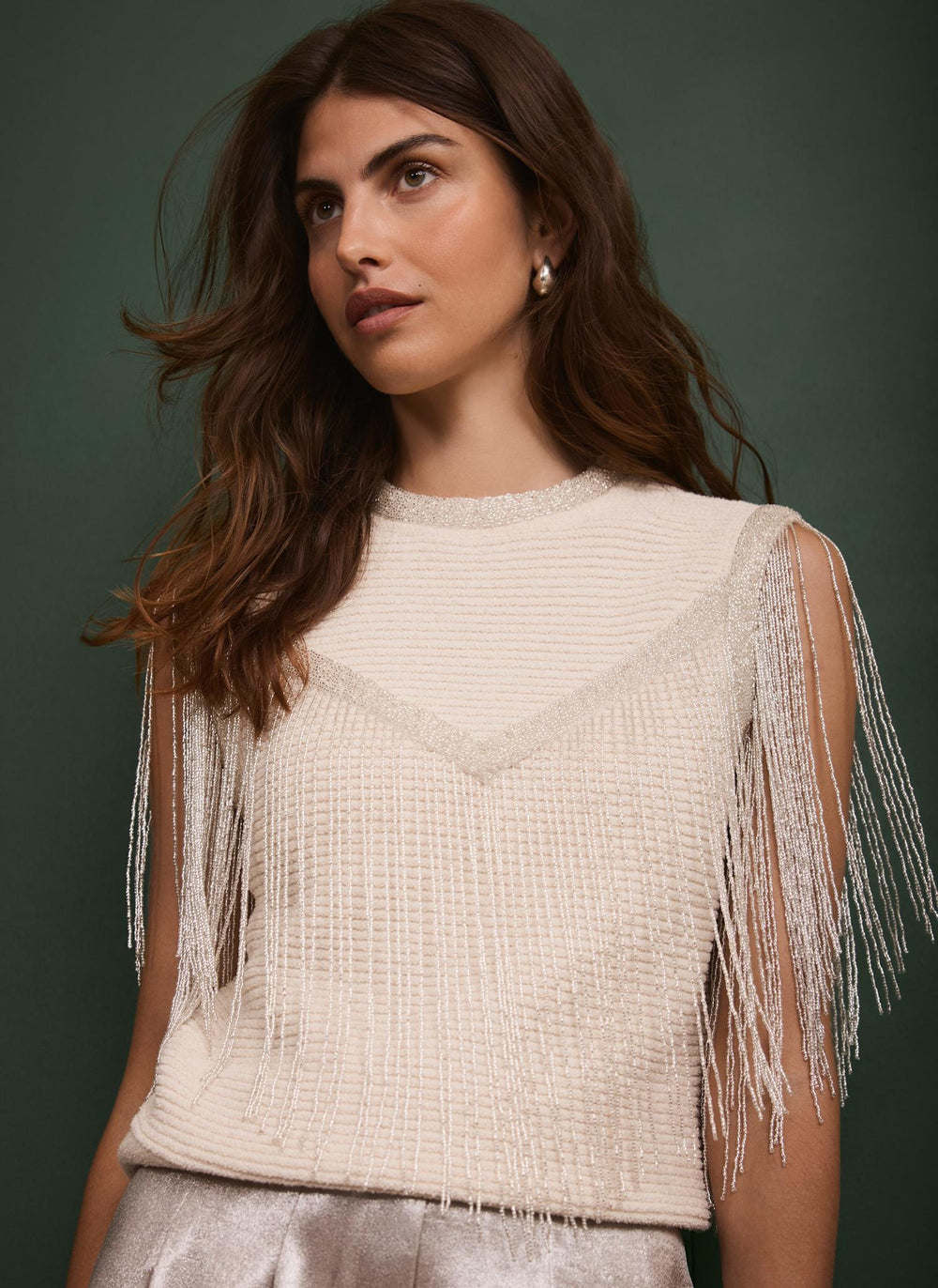 Cream Embellished Fringe Detail Top