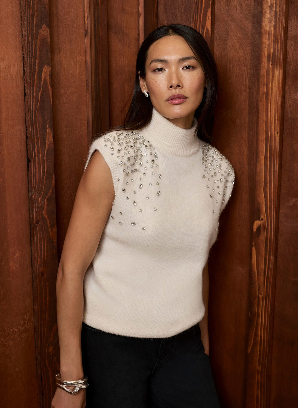 Cream Wool Blend Sleeveless Embellished Knit Top