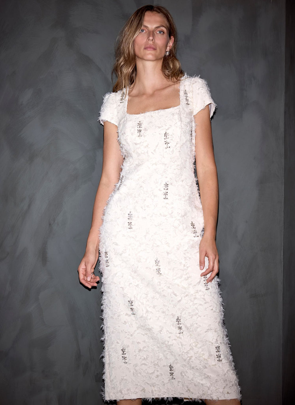 Cream Embellished Midi Dress