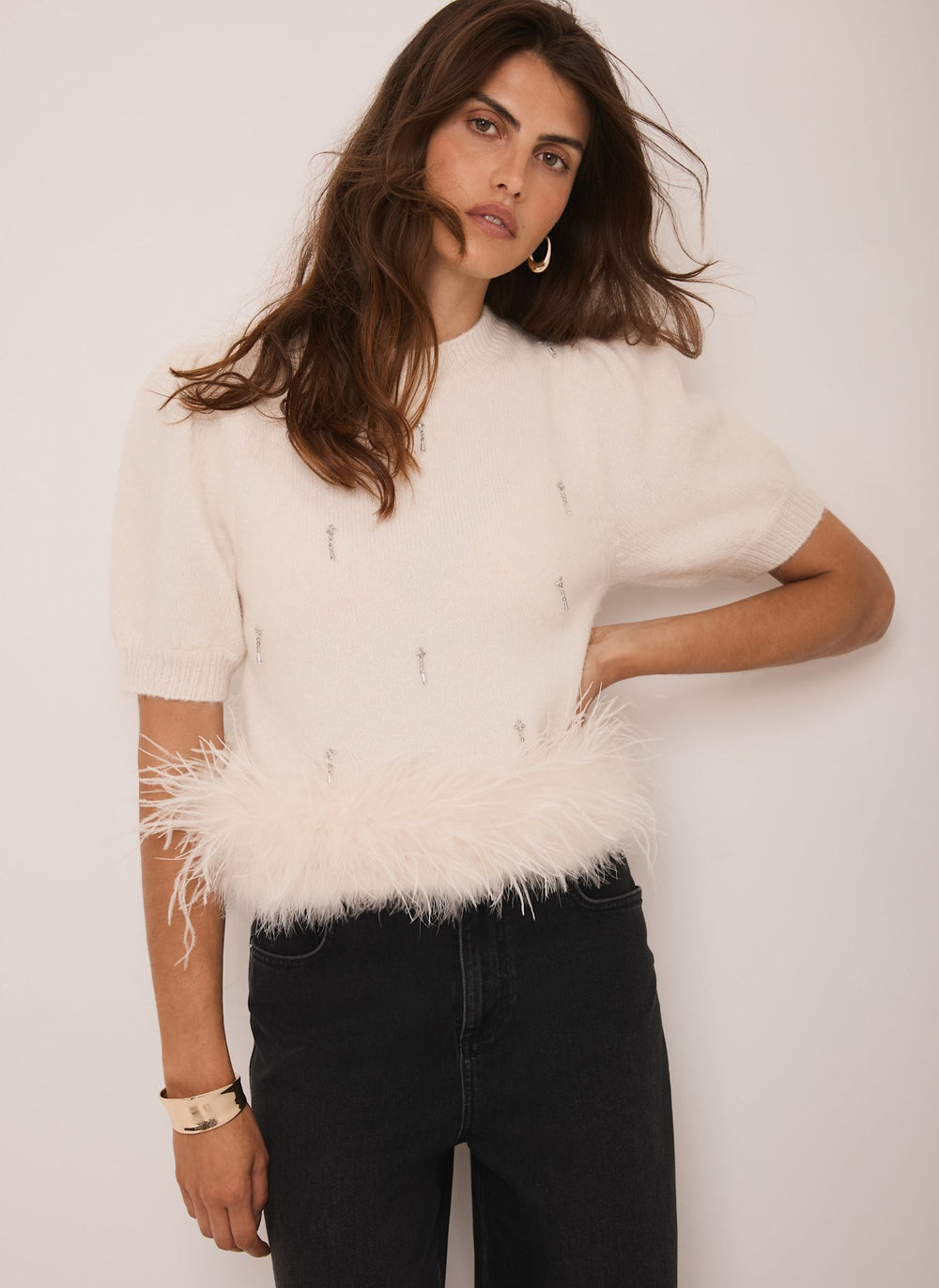 Cream Embellished Feather Trim Knit Top