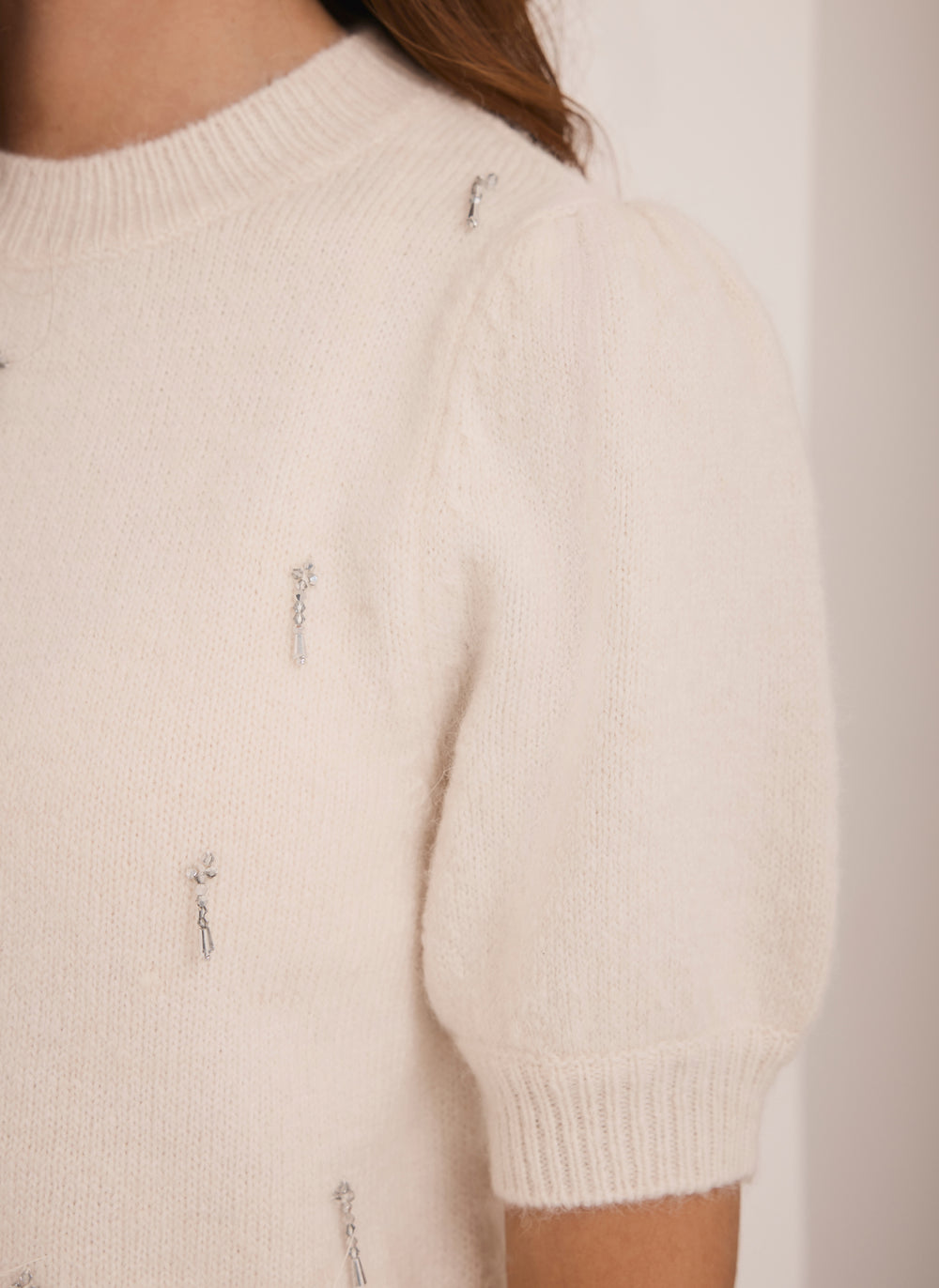 Cream Embellished Feather Trim Knit Top