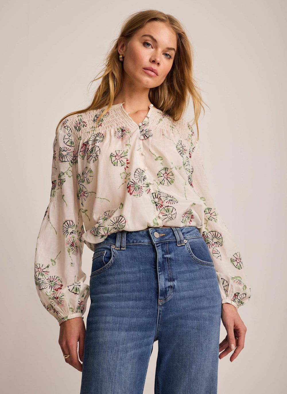 Cream Shirred Printed Blouse