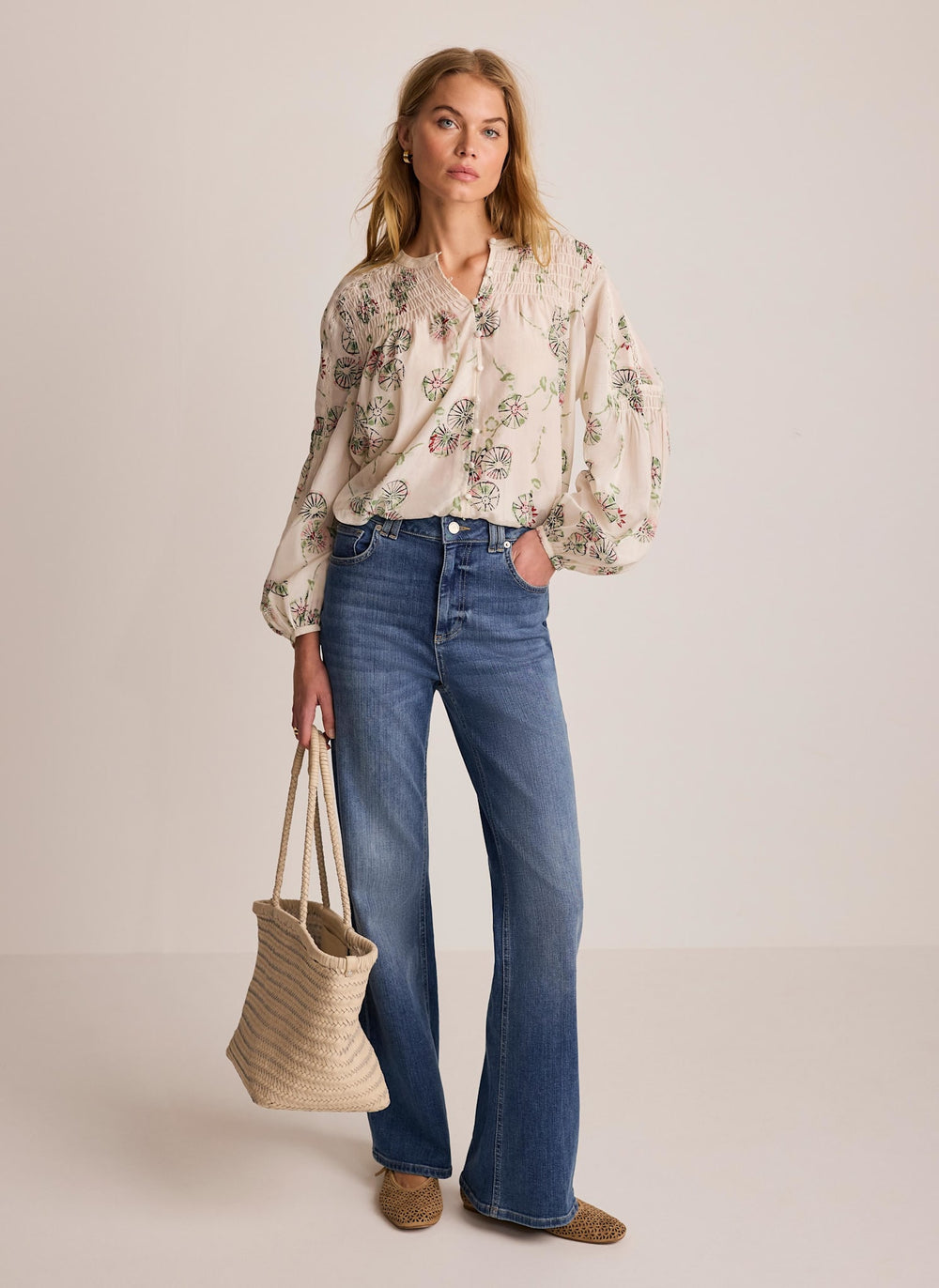 Cream Shirred Printed Blouse