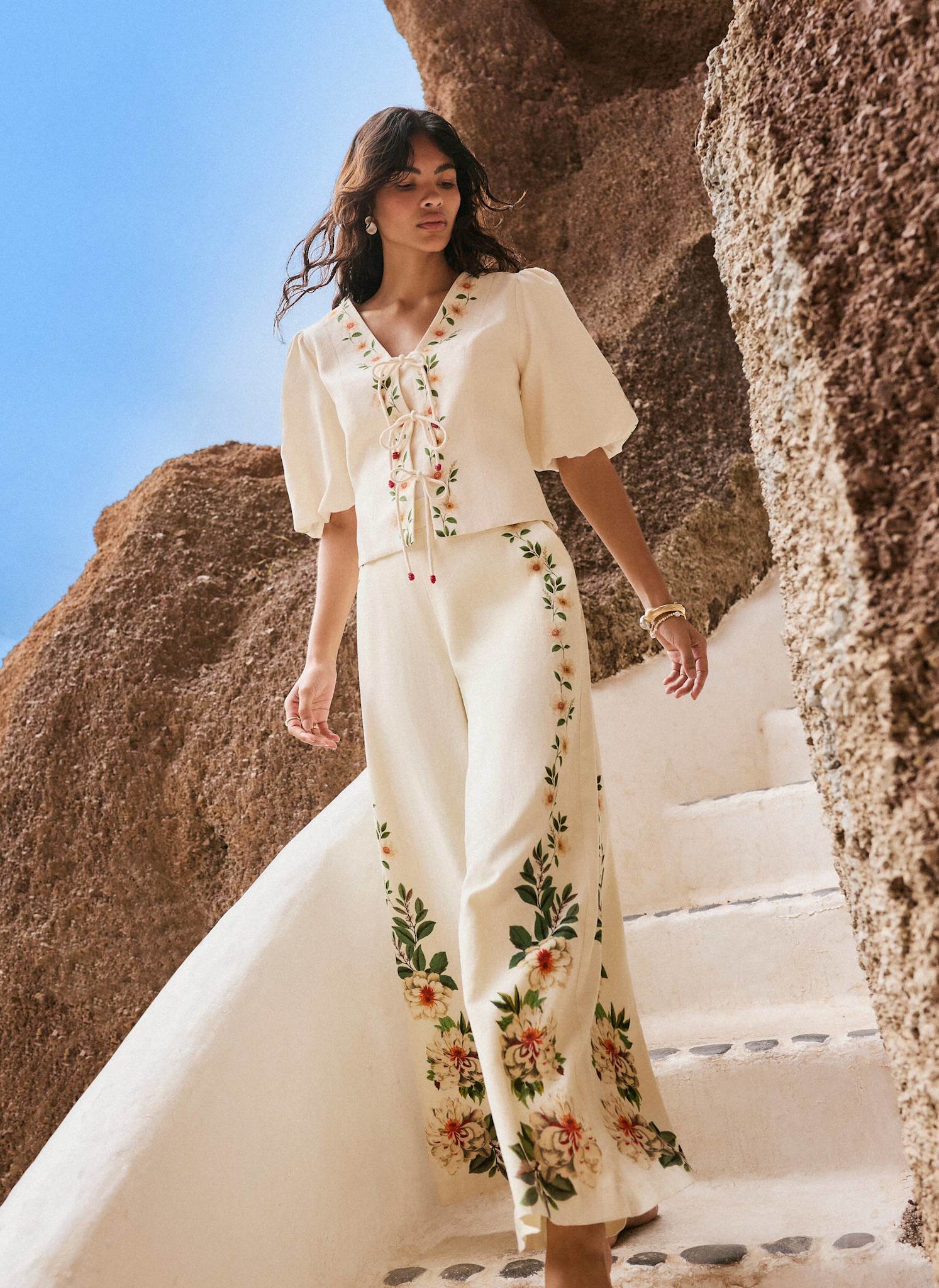 Cream Linen Blend Floral Print Wide Trousers – Mint Velvet