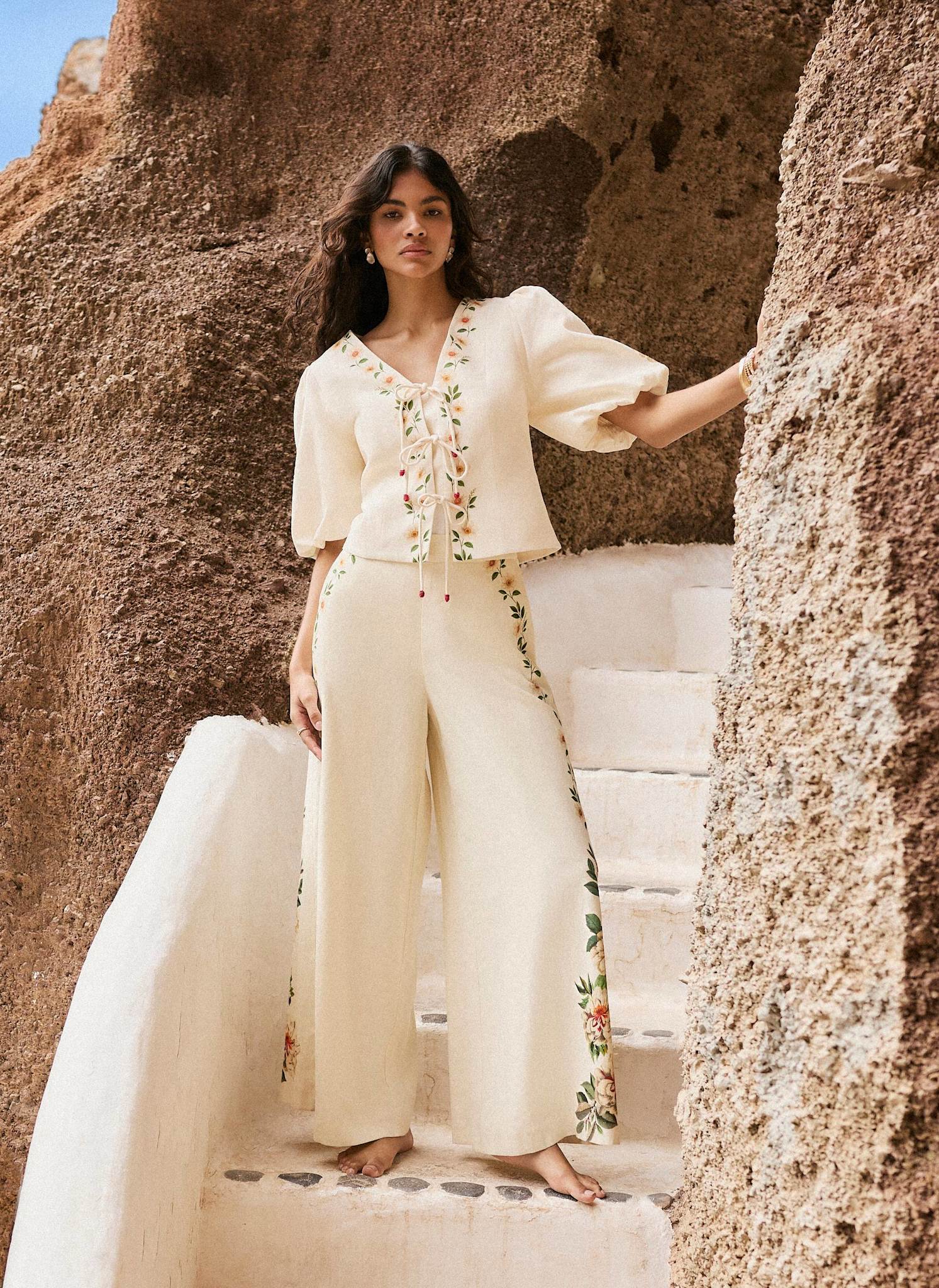 Cream Linen Blend Floral Print Wide Trousers – Mint Velvet