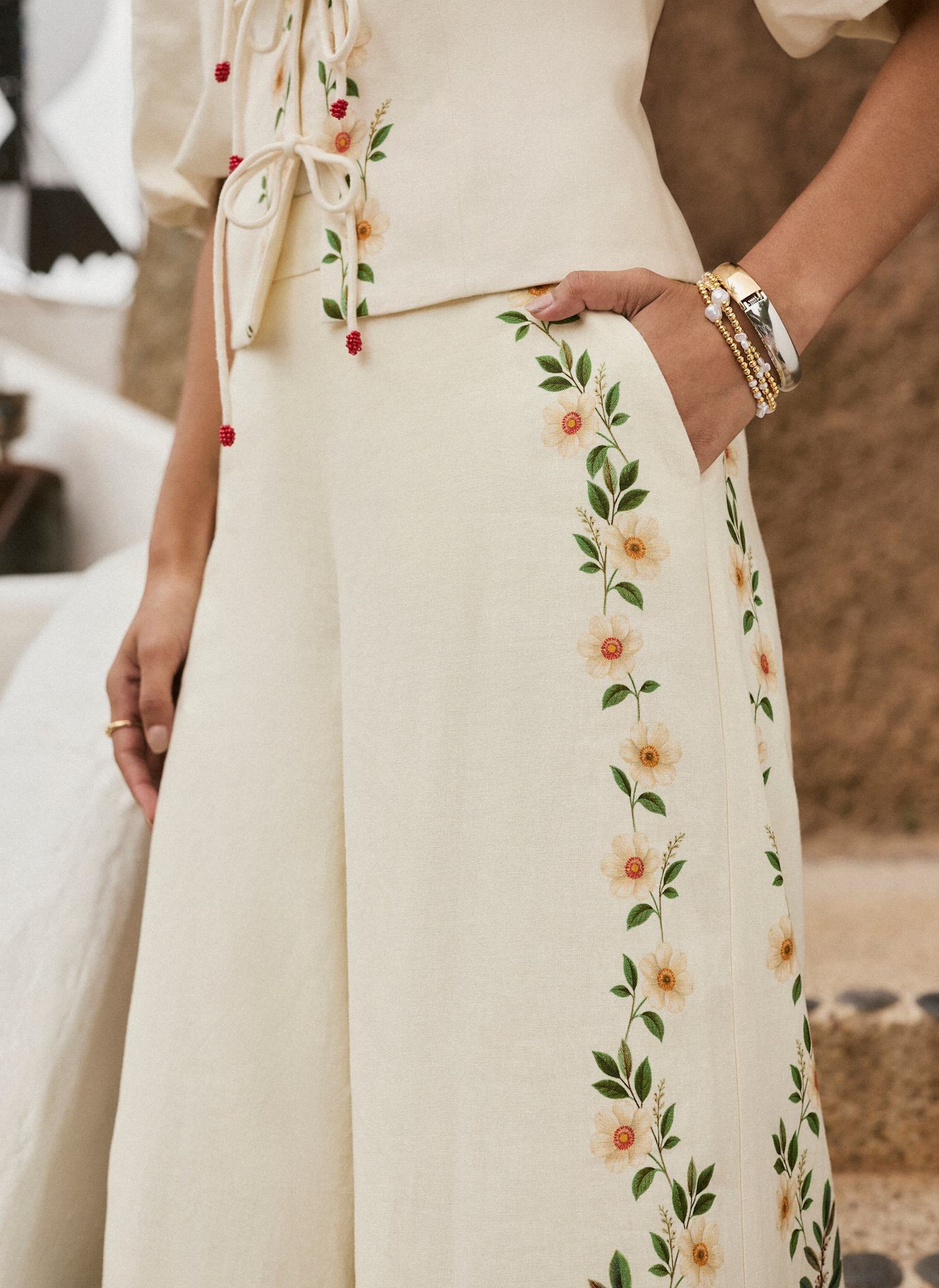Cream Linen Blend Floral Print Wide Trousers – Mint Velvet