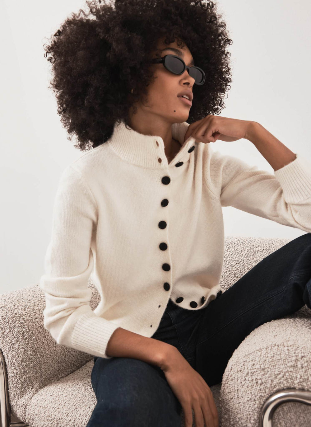 Cream Funnel Neck Knit Cardigan