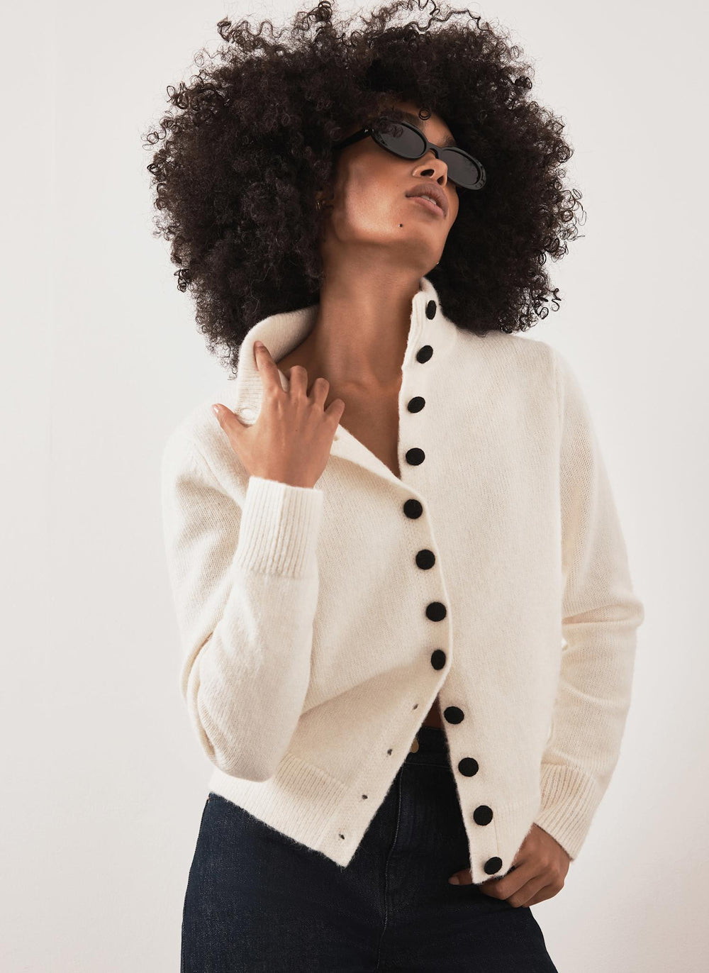 Cream Funnel Neck Knit Cardigan