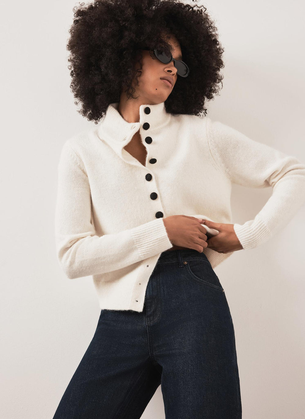 Cream Funnel Neck Knit Cardigan