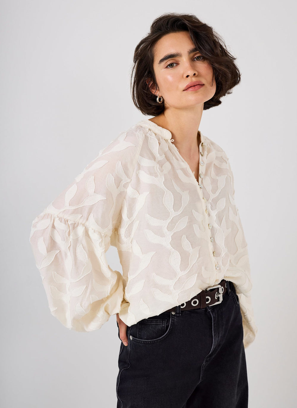 Cream Floral Jacquard Blouse