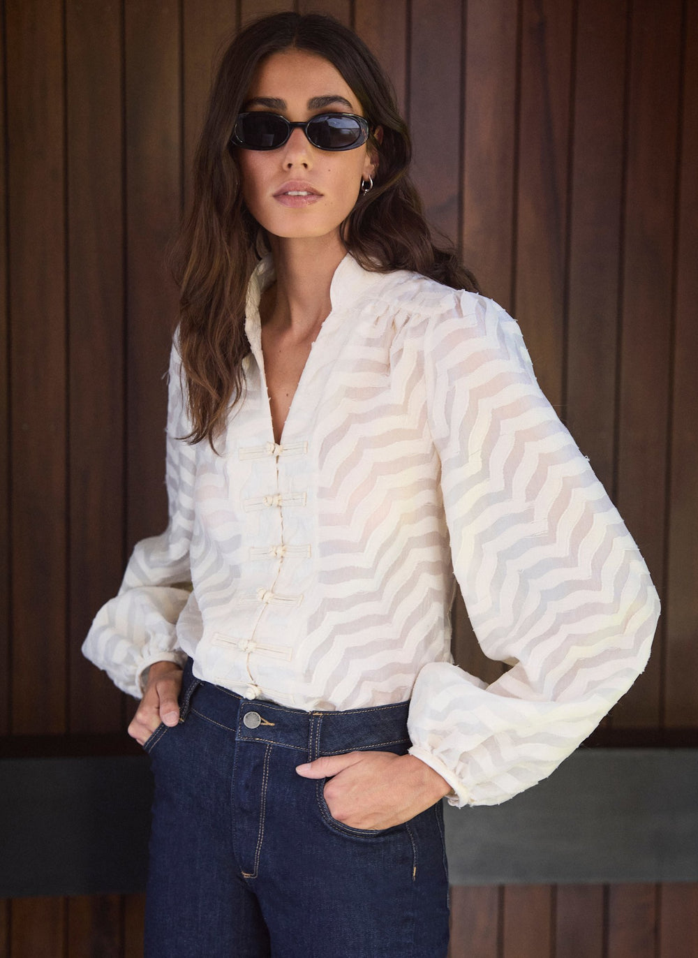 Cream Jacquard Knot Button Blouse