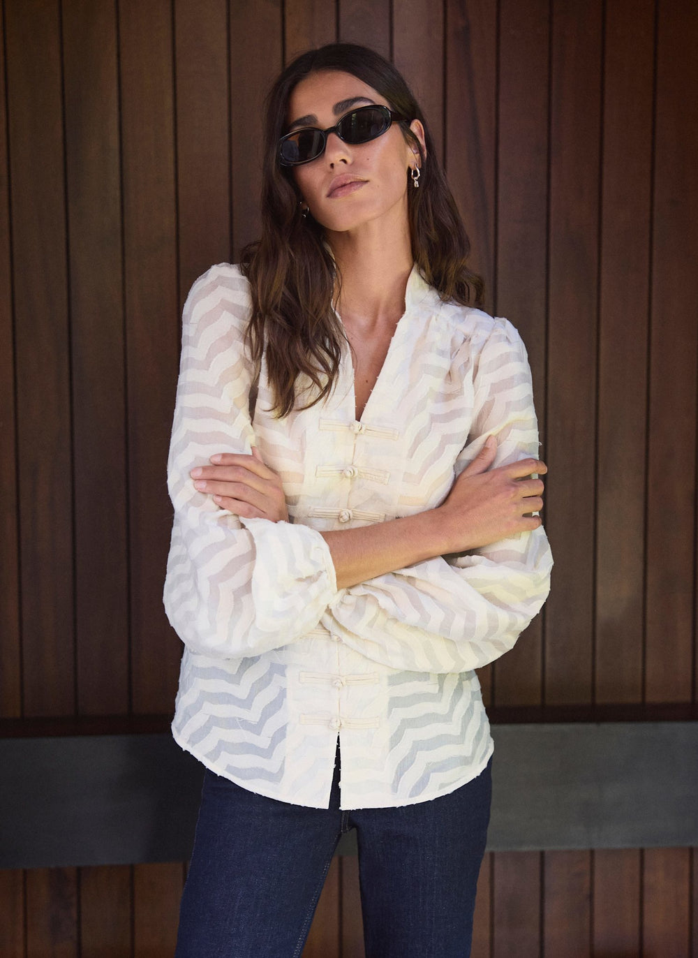 Cream Jacquard Knot Button Blouse