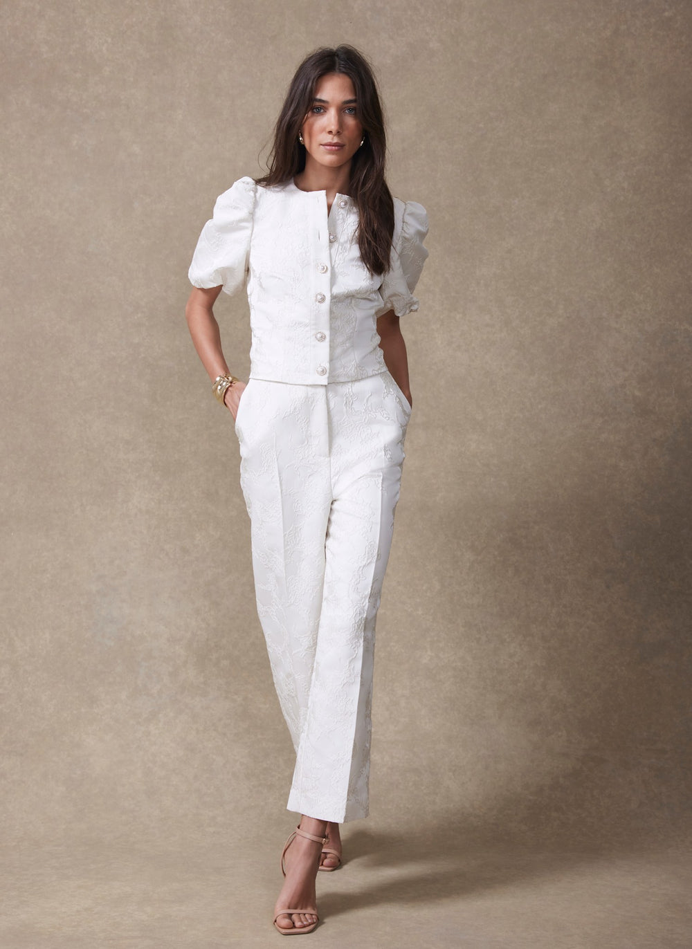 Cream Jacquard Slim Trousers