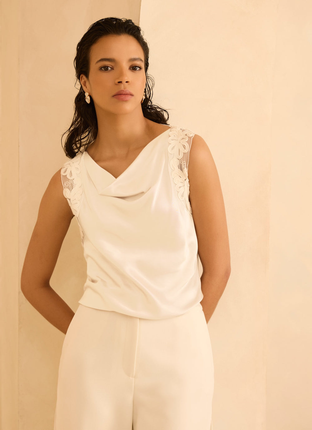 Cream Lace Satin Top