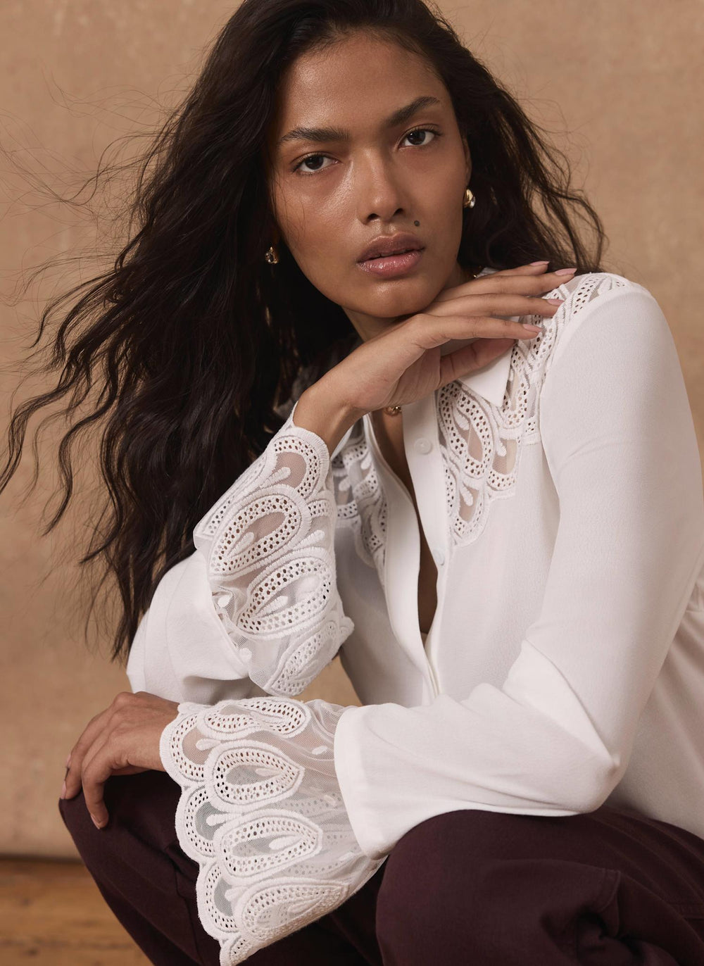 Cream Embroidered Lace Trim Blouse