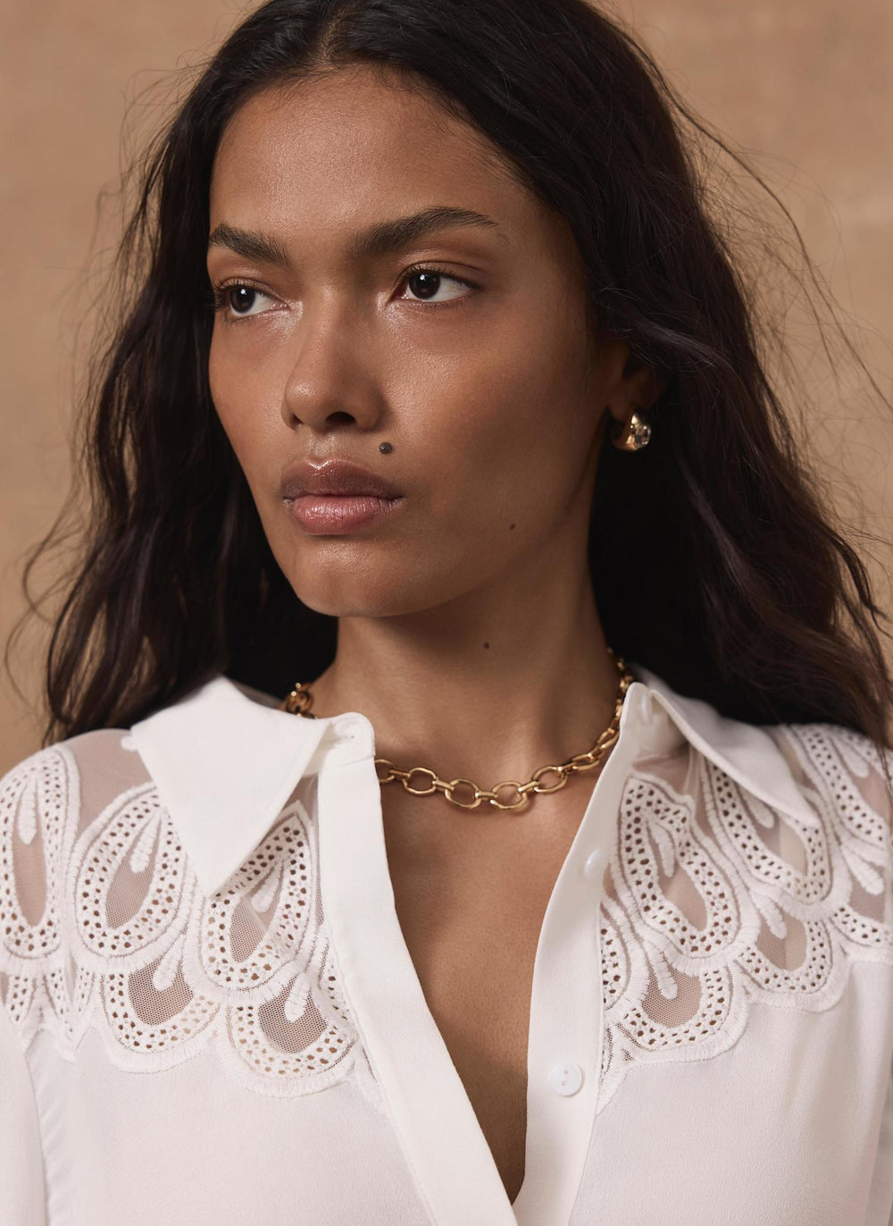 Cream Embroidered Lace Trim Blouse