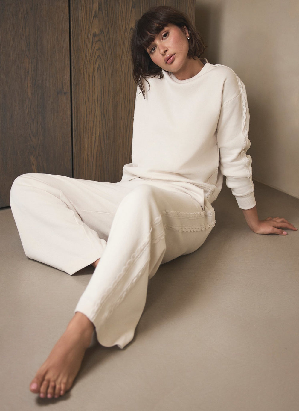 Cream Cotton Blend Lace Trim Sweatshirt