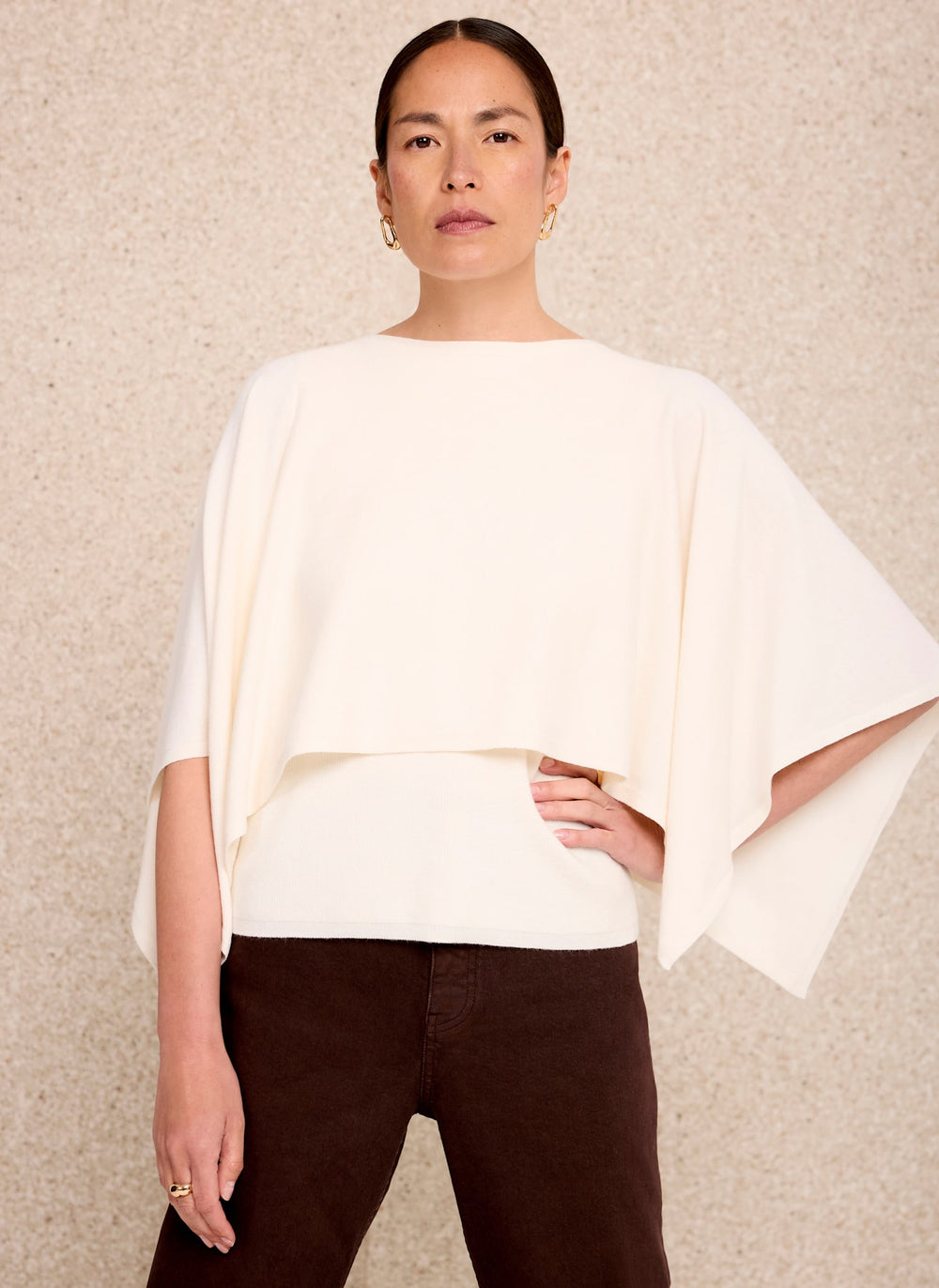 Cream Layered Poncho Knit Top