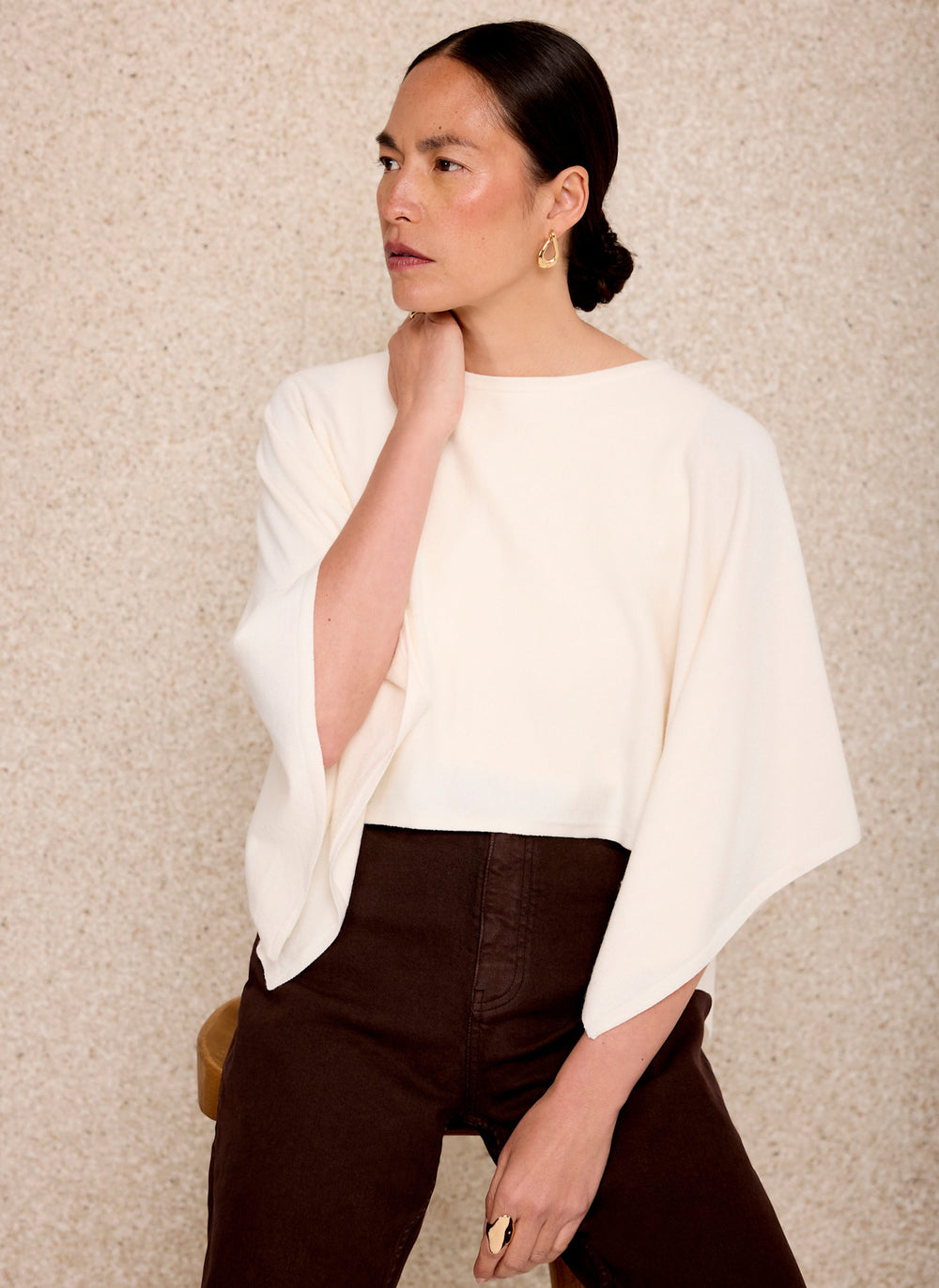 Cream Layered Poncho Knit Top