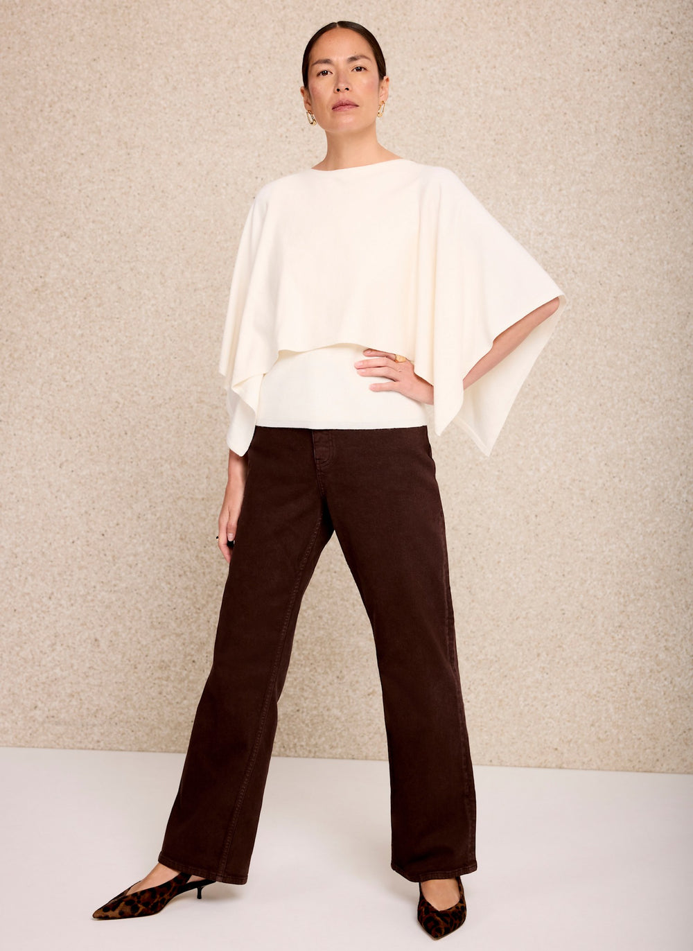 Cream Layered Poncho Knit Top