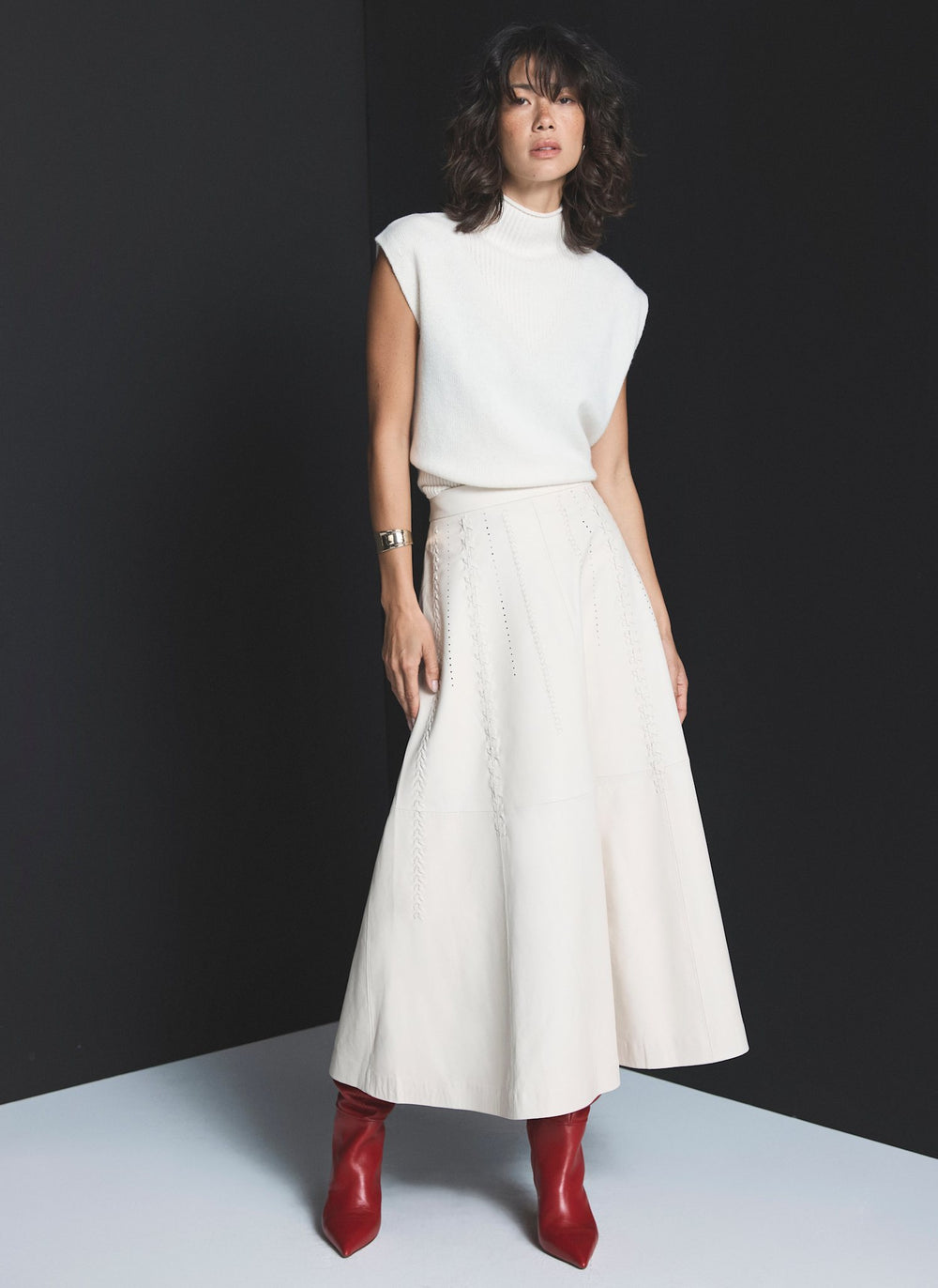 Cream Leather Stitch Detail Midi Skirt
