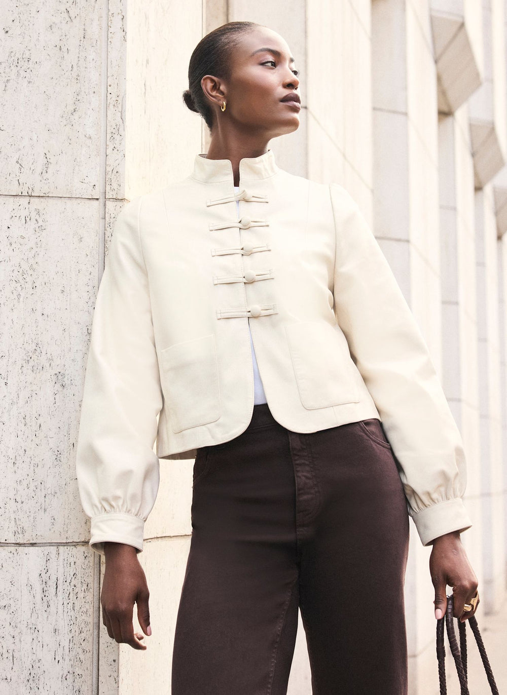 Cream Leather Stand Collar Jacket