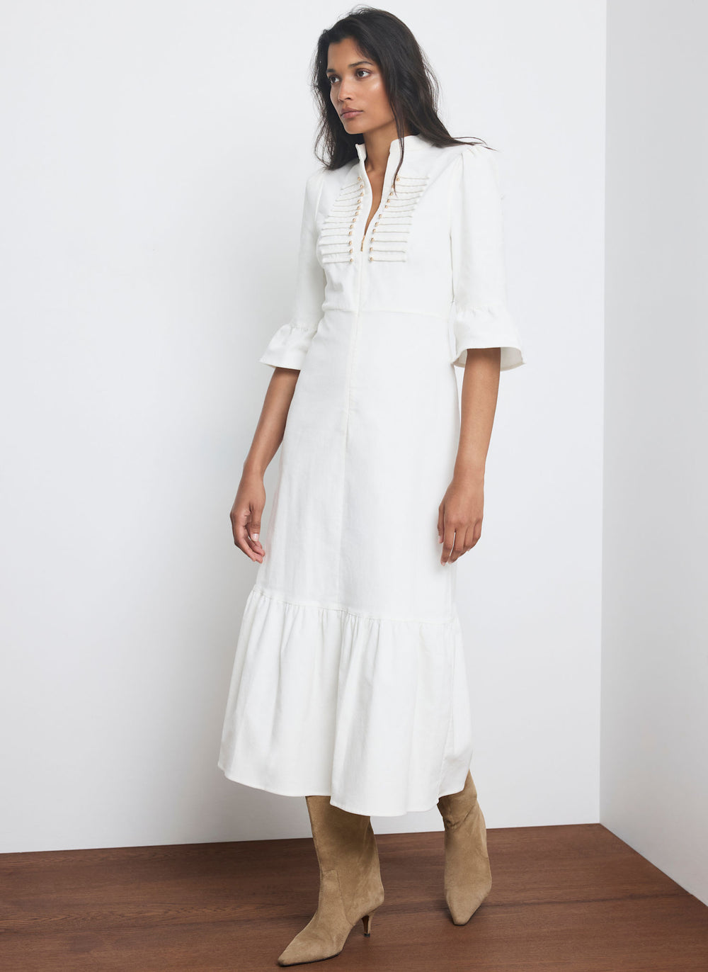 Cream Corduroy Military Detail Midi Dress