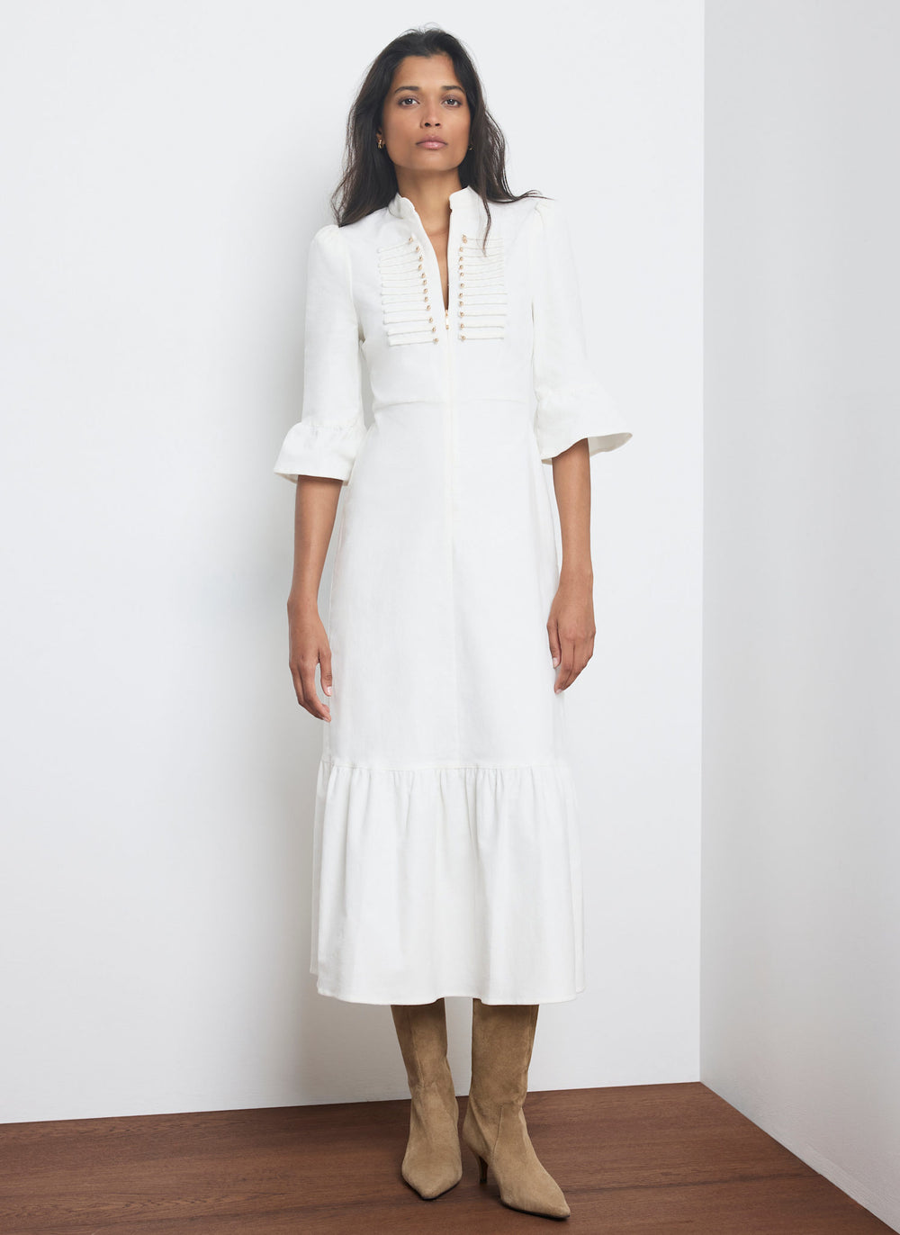 Cream Corduroy Military Detail Midi Dress
